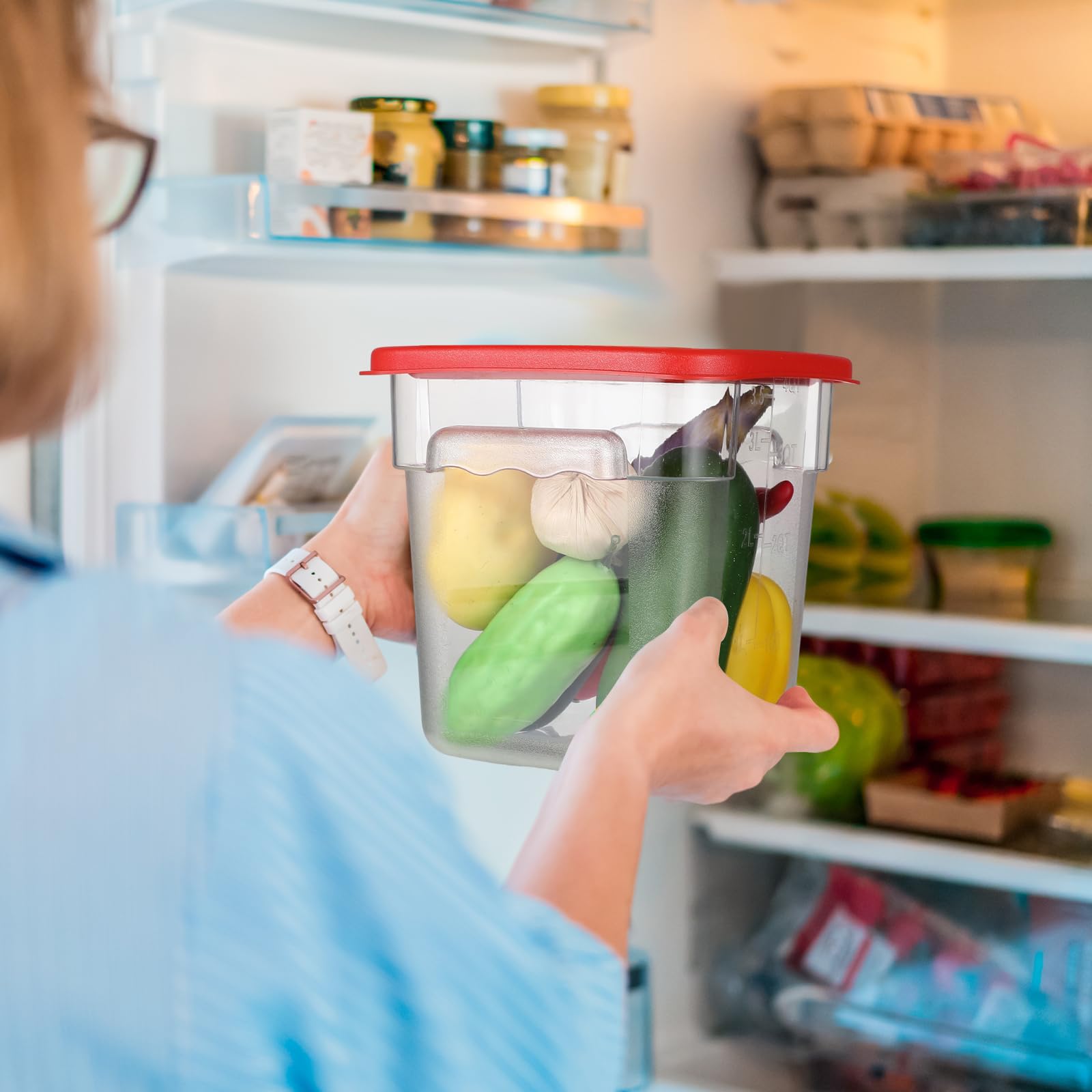 Suclain Juego de 8 recipientes de almacenamiento de alimentos con tapas, 4 cuartos y 6 cuartos de galón, recipientes comerciales cuadrados transparentes con asas de báscula para el hogar, restaurante,