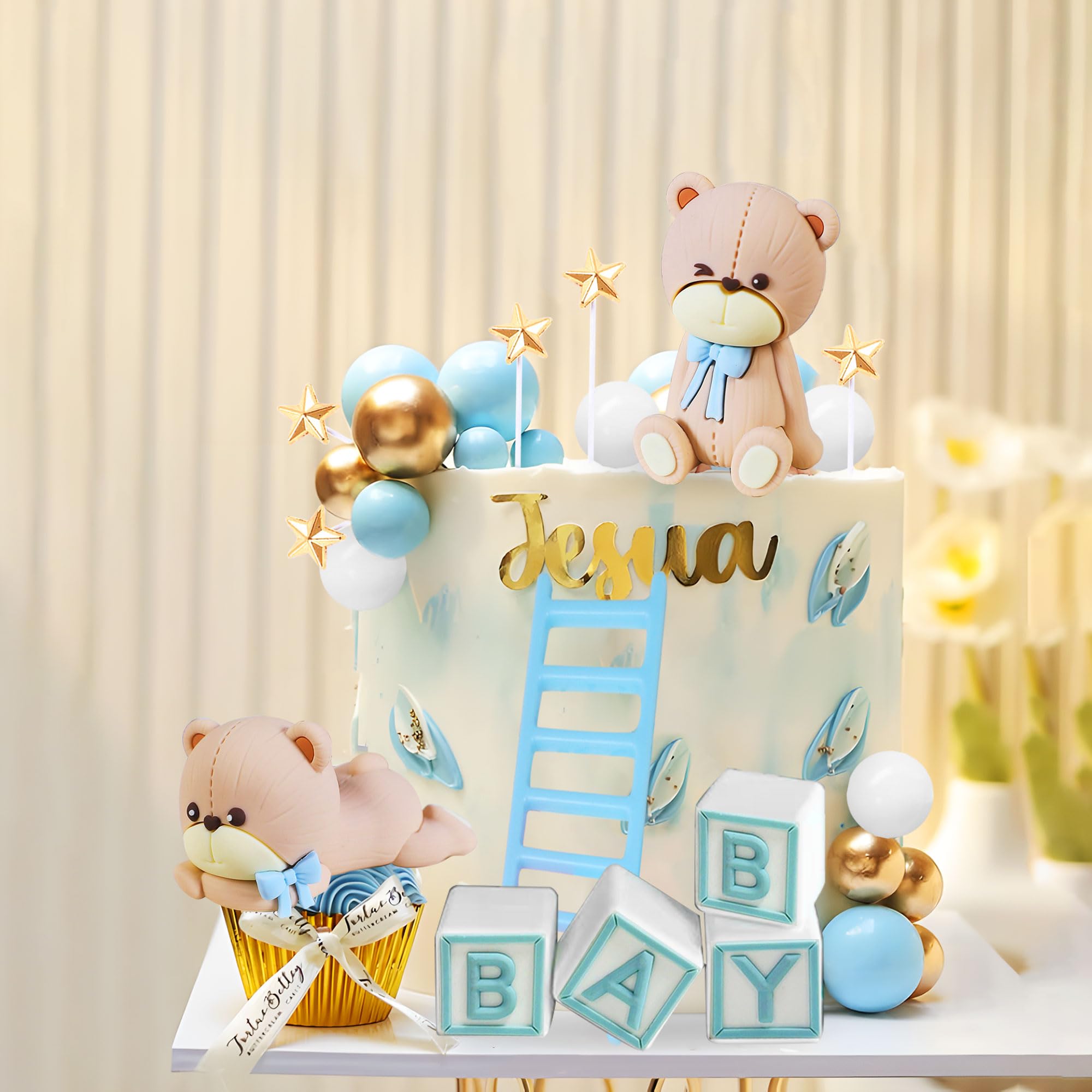 Blue Bear Cake Decoration Blue Gold Balls Bears Cake Topper Baby Shower Birthday Party Supply