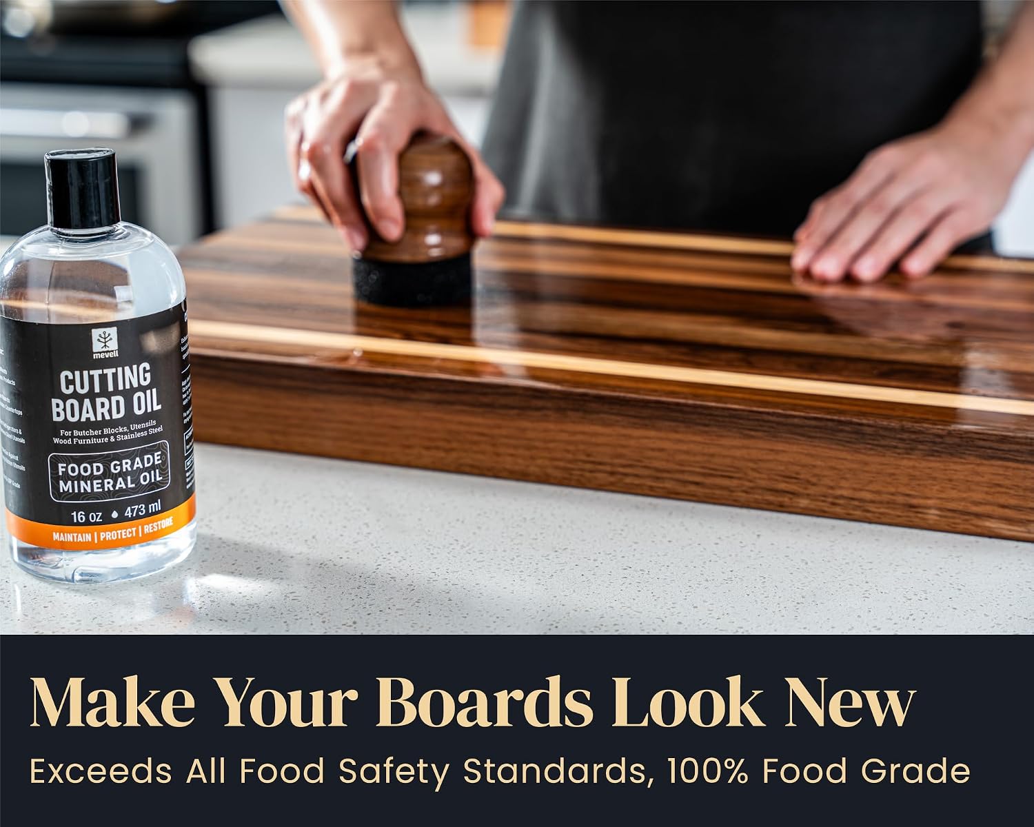 Mevell Food Grade Mineral Oil Made in USA 8 Oz, Butcher Blocks and Kitchen Countertops Conditioner, Food Safe Cutting Board Oil, Finish for Marble, Soapstone