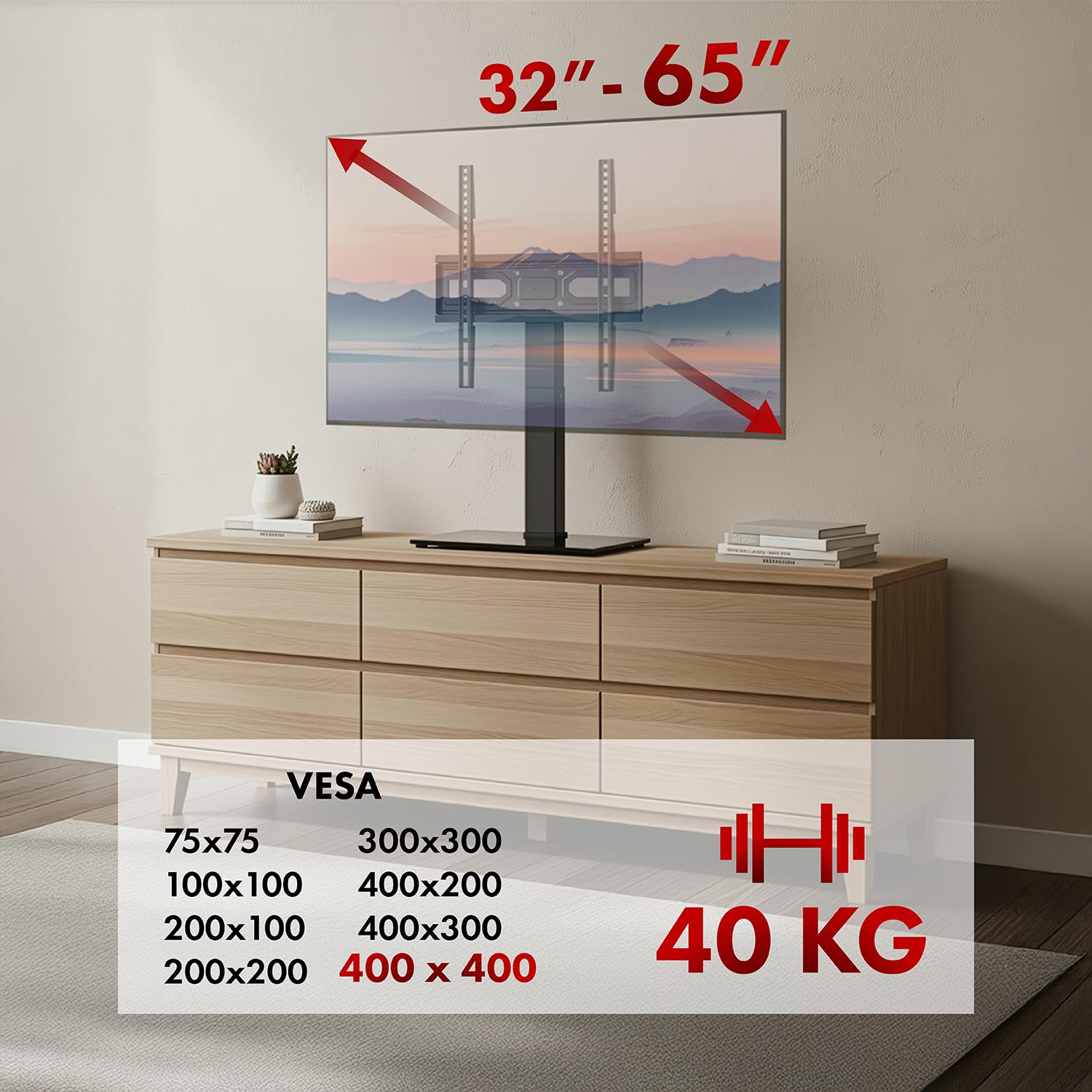 Uniwersalny stojak na telewizor Maclean, do szafki RTV, stojak, maks. 40 kg, maks. VESA 400 x 400, regulacja wysokości i kąta, do TV 32-65", MC-124