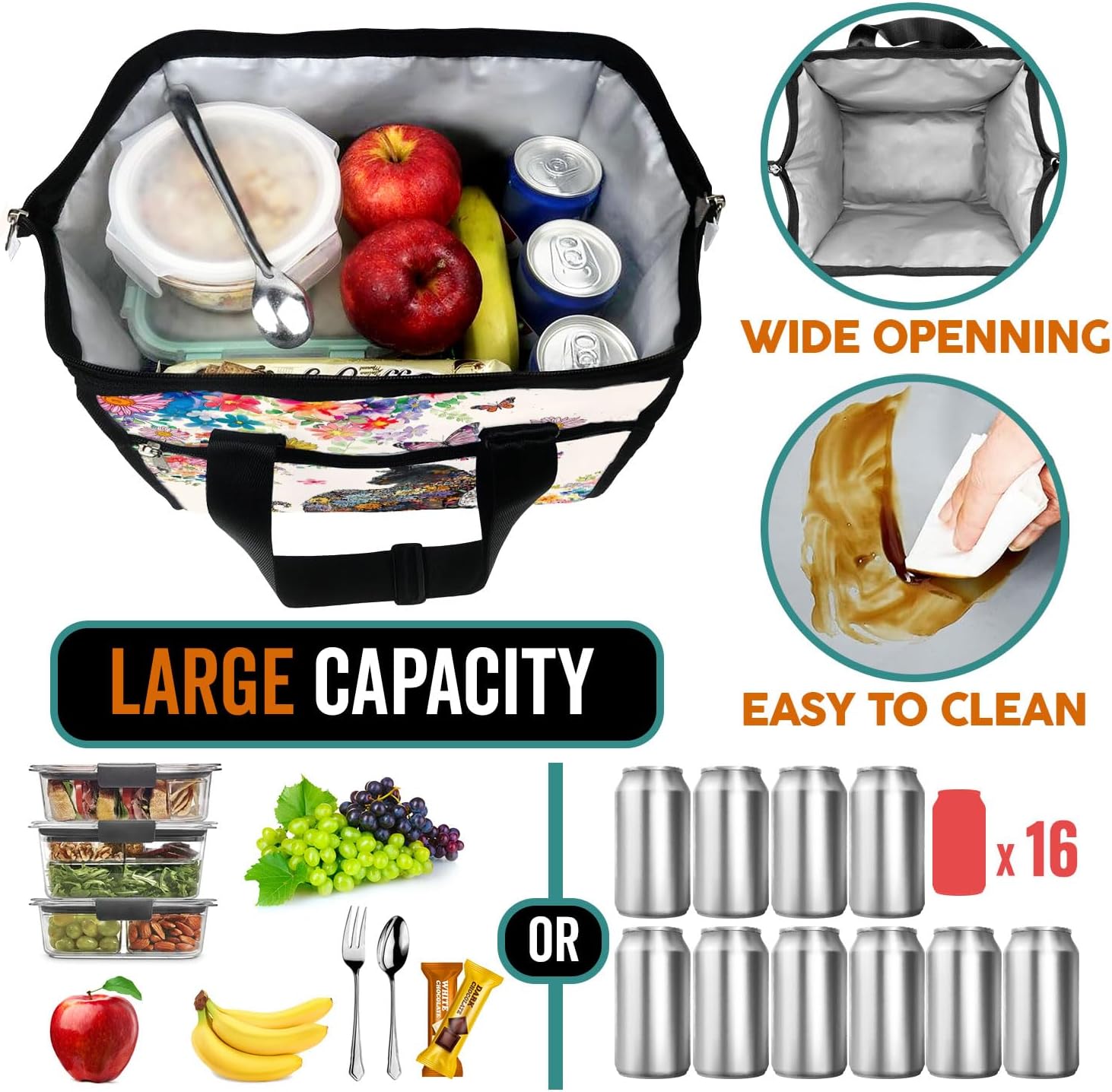 84hoods Insulated Lunch Bag for Women. Gift for Cat Lovers. Large Lunch Box for Work Office Travel Picnic with Adjustable Strap. Flower Pattern. - Image 4