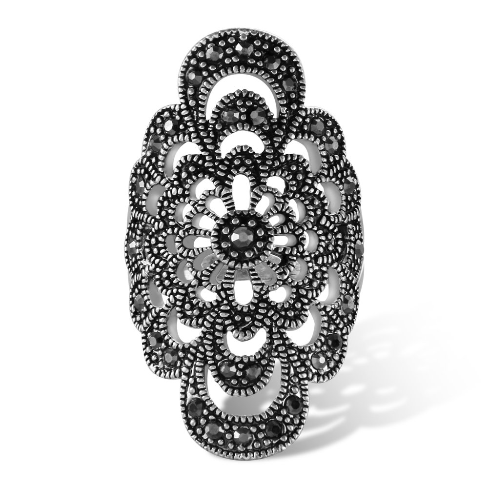 Ajojewel Vintage Hollow Flower Ladies Rings With Black Rhinestone Antique Finger Jewelry Accessories