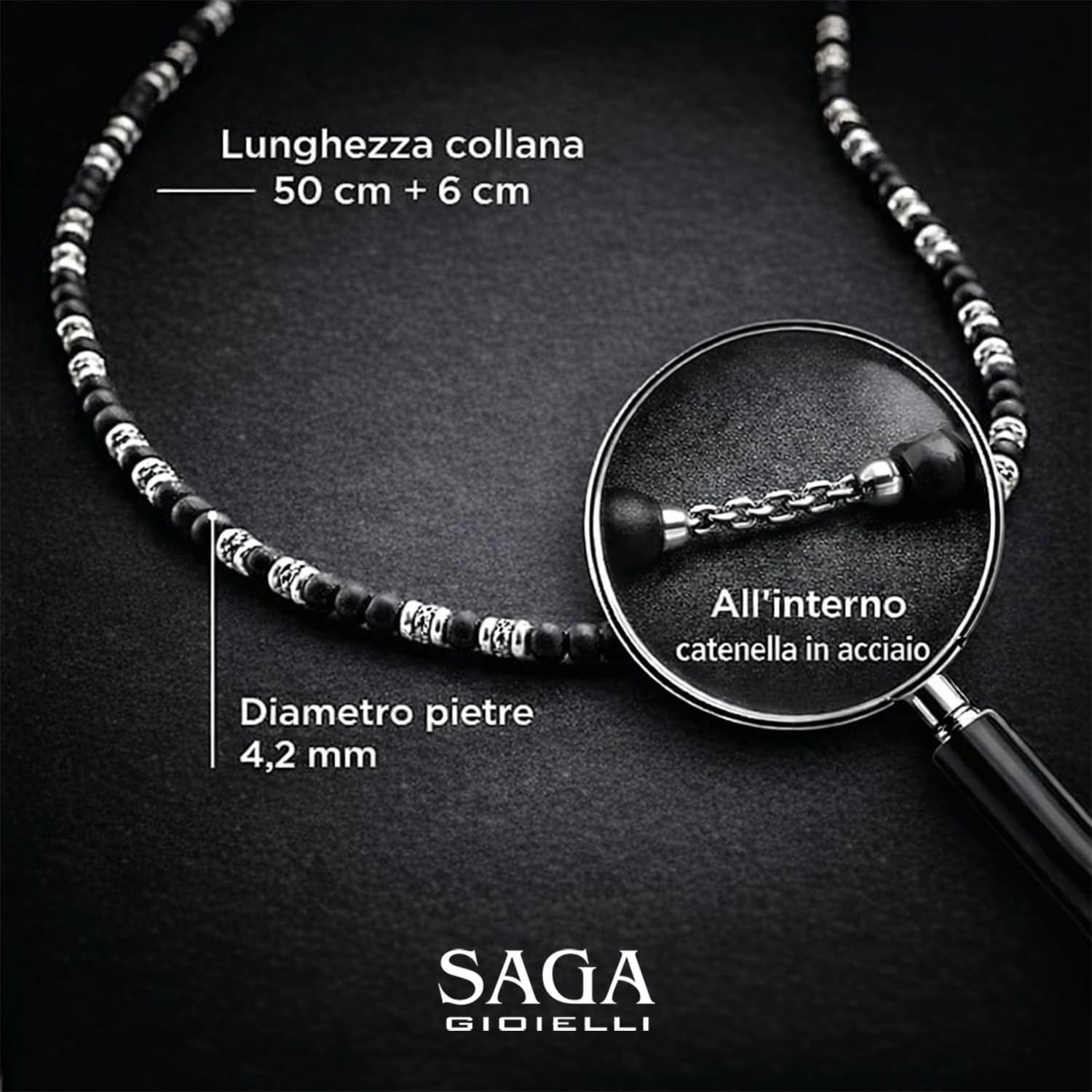 SAGA GIOIELLI® Collana Uomo con pietre naturali lapislazzuli e inserti in Acciaio Inox - Regalo Uomo Fidanzato Marito Acciaio - Confezione Regalo (Lunghezza 50 cm + 5,5 cm)
