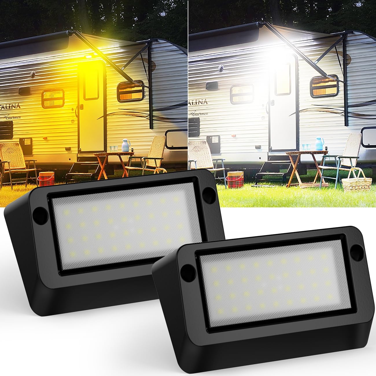 IP67 Waterproof RV LED Porch Light- Aluminum Housing, Dual Color White & Amber, Bright 1400LM Outdoor Light for Campers, Trailers, Motorhomes (Black
