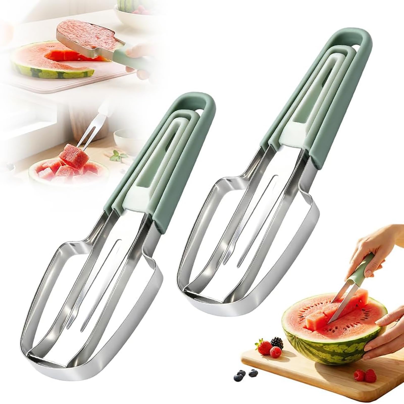 Coupe-Pastèque 3 en 1 en Acier Inoxydable Durable avec Manche Vert Ergonomique ZVD