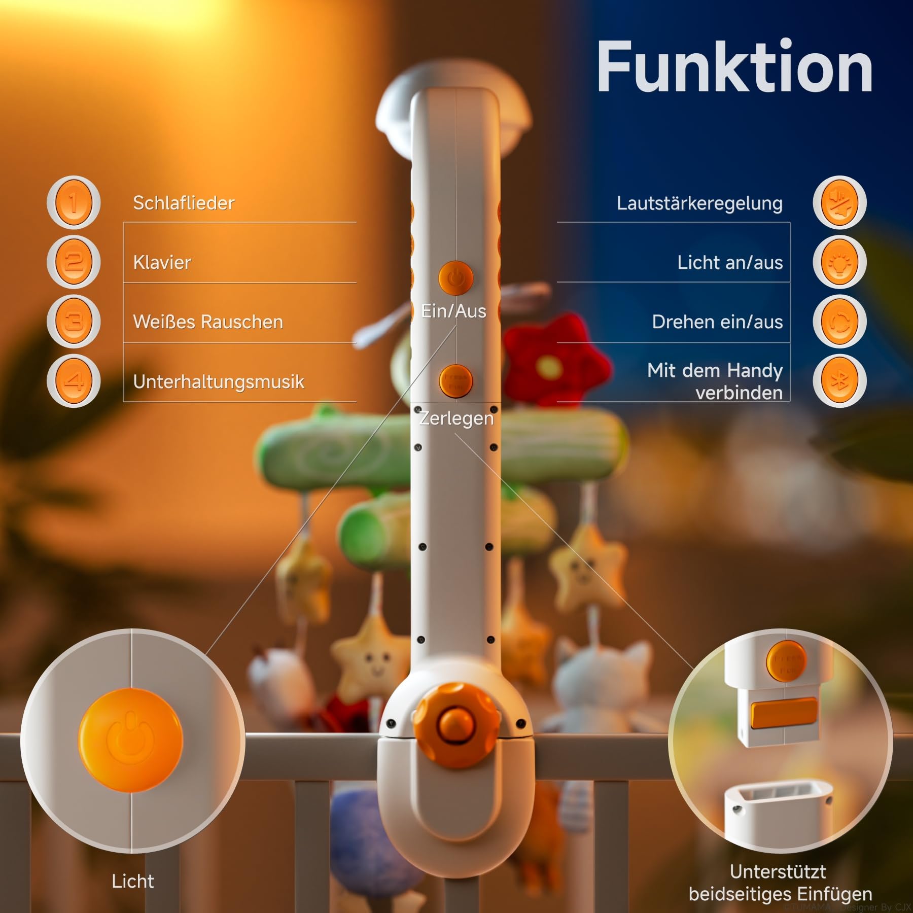 TUMAMA KIDS Baby Mobile Babybett mit Musik und Sternenlicht-Projektor, Spieluhr Baby Spielzeug 0 3 6 9 Monate, Fernbedienung Mobile Babybett Sensorisches Spielzeug für Neugeborene