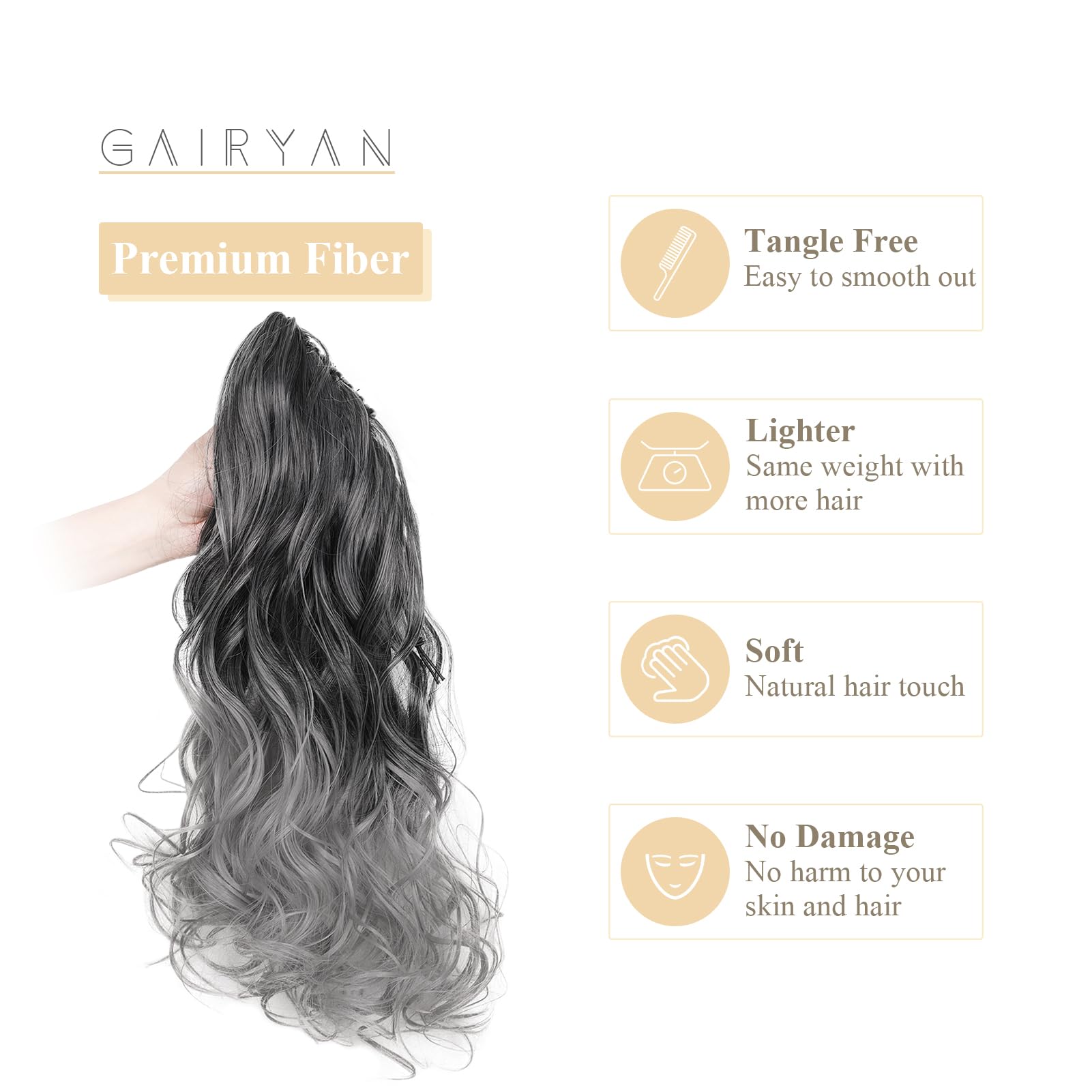 Gairyan 20inch Ponytail Extension Clip in Ponytail Hair Extensions Curly Wavy Pony Tails Claw on Ponytail Long Wave Synthetic Hairpieces for Women Soft Real Look (Black Ombre Grey) - Image 3