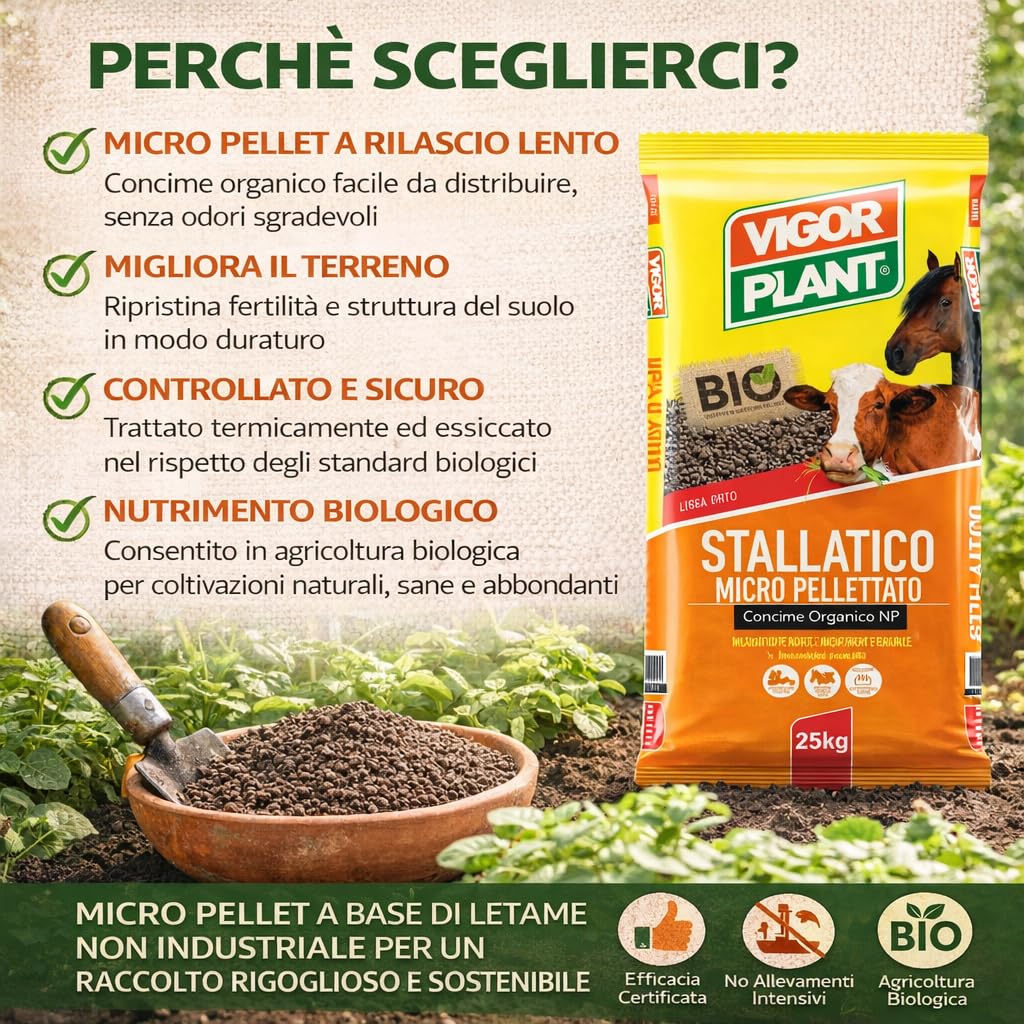 50 Kg Concime Orchidee Organico Biologico, Stallatico Micro Pellettato - Concime Piante Verdi, Letame Bovino ed Equino a Lento Rilascio con Azoto e Acidi Umici per Orto, Giardino e Coltivazioni