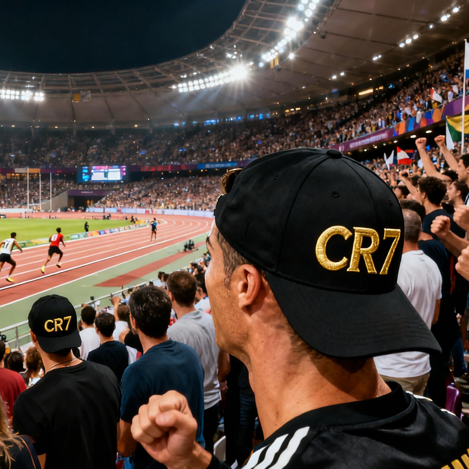 CR 7 Cappellino Bambino Uomo Nero con Emblema 3D Oro Regolabile + Bracciale C R 7 + Collana C R 7 - Set di fan di calcio per ragazzi, fan di Cristiano Ronaldoo