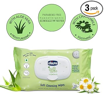 Chicco Baby Moments Soft Cleansing Baby Flip Top Wipes Ideal for Nappy, Face and Hand Aloe Vera Wipes For Baby Pack of 3, 72 Wipes Each