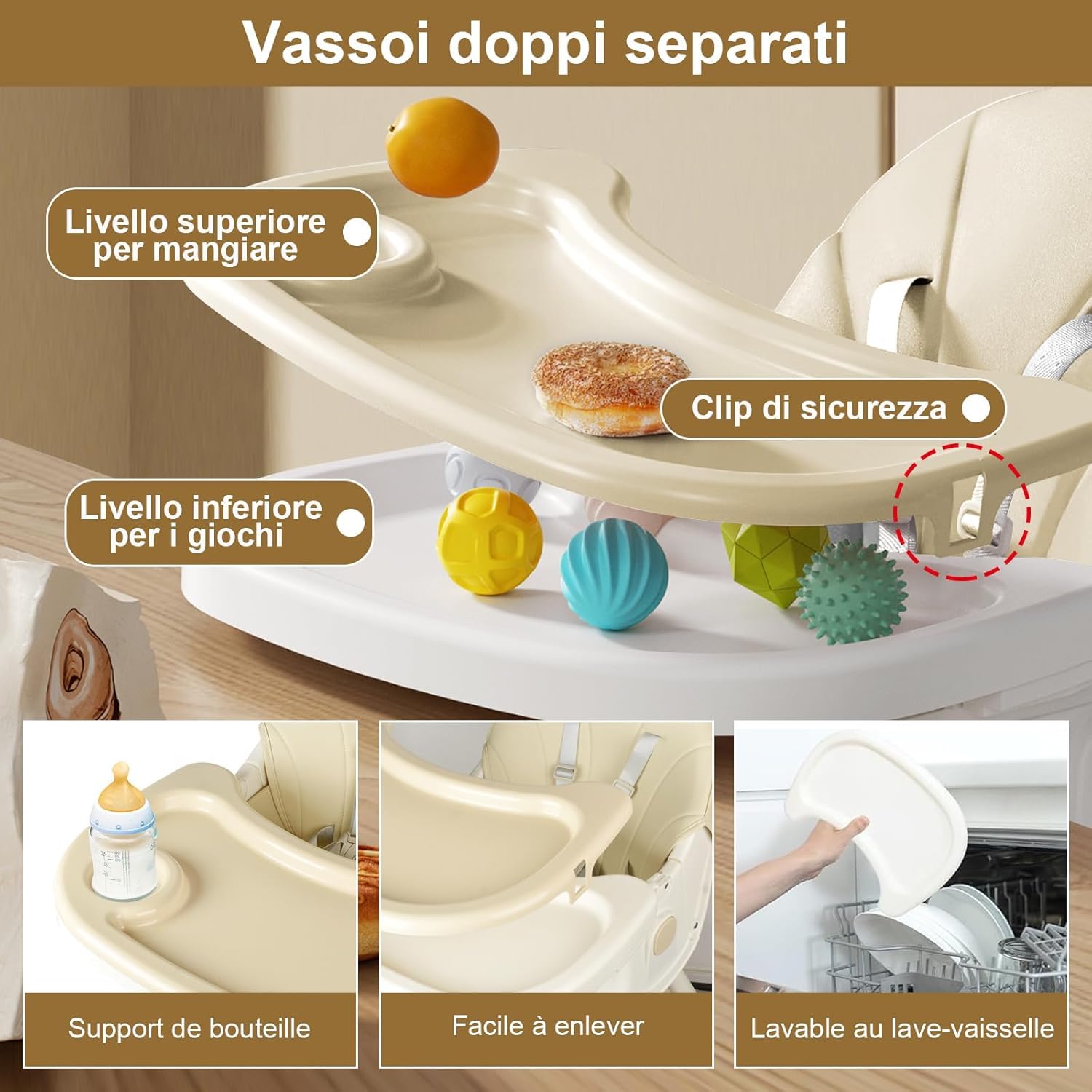 Seggiolone Pappa Pieghevole, Seggiolone Evolutivo con Dondolo Neonati, Piatto da Cena Smontabile, Schienale regolabile, per Bambini da 6 Mesi fino a 3 Anni, Beige