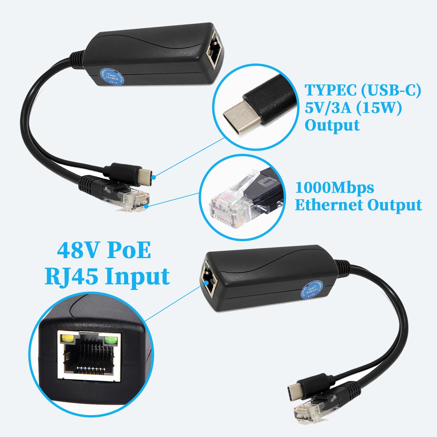 REVODATA 2.5G Type C PoE Splitter 5V/3A, 48V PoE to USB-C 5V/3A 15W Output, 2.5Gbps Ethernet Comply IEEE802.3af/at, Plug and Play for Smart Home