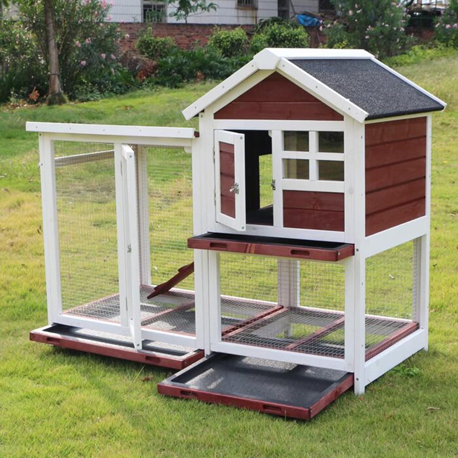 Kattenhuis van twee verdiepingen, huisdiervilla met uittrekbaar dienblad, binnen- en buitenkooi voor hond/kat/konijn/kip, dierenhok