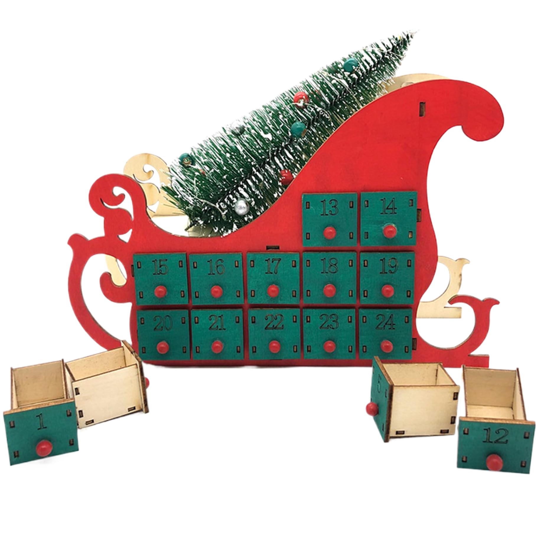 Calendario dell'avvento di Natale Calendario dell'avvento in legno a forma di slitta con albero di Natale e 24 cassetti vuoti Calendario del conto alla rovescia di Natale per bambini adulti, rosso,