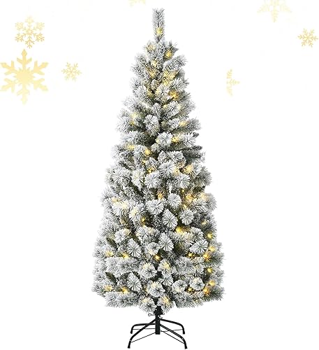 Miniatura 1 de Happygrill Árbol de Navidad flocado de nieve preiluminado de 6 pies con control remoto, árbol de Navidad de pino artificial con bisagras con 200