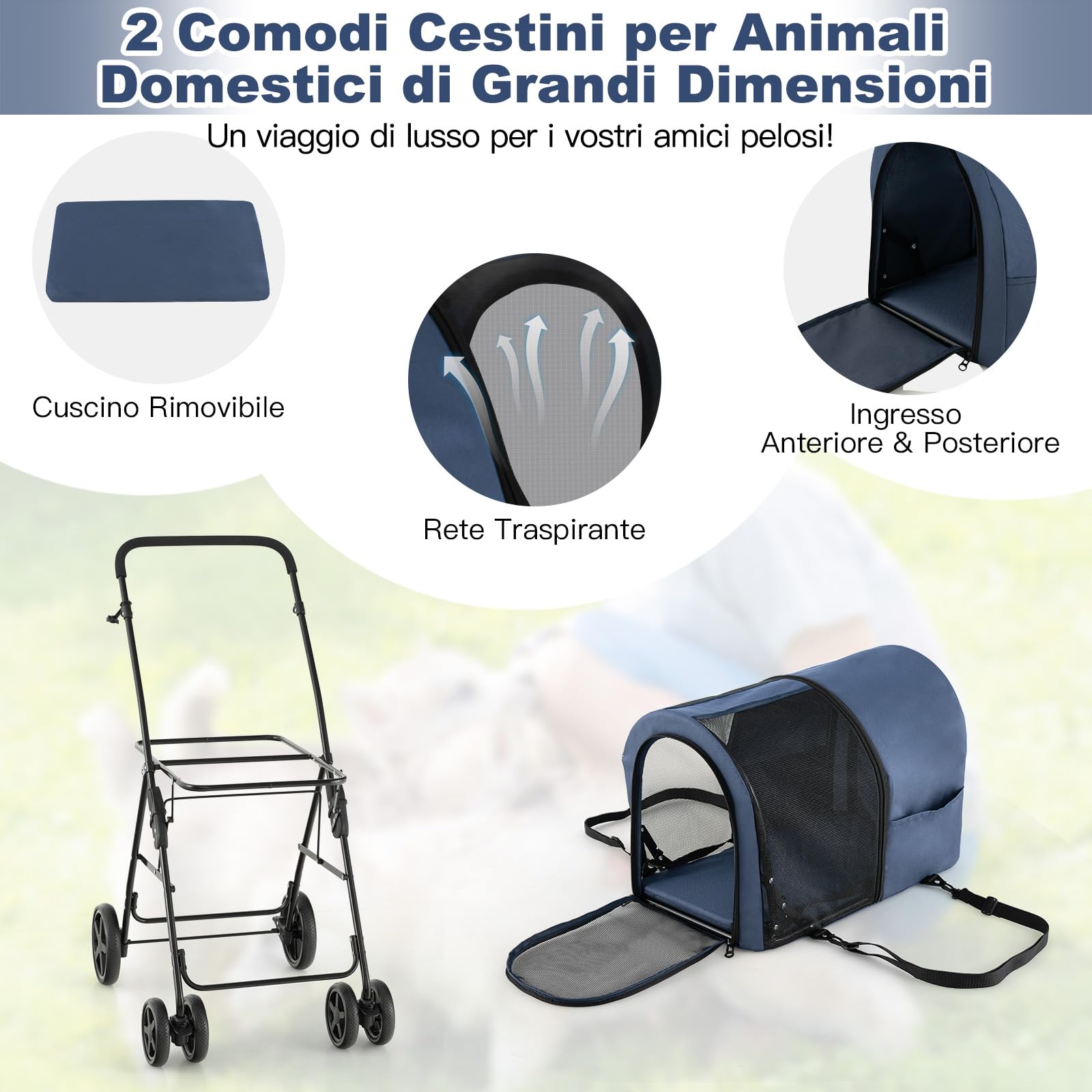 COSTWAY Passeggino per Cani Pieghevole, Carrozzina per Cani Multifunzionale 4 in 1 a Doppio Livello, Passeggino Smontabile con Ruote, Ideale per Passeggiata Viaggio e Shopping (Blu)