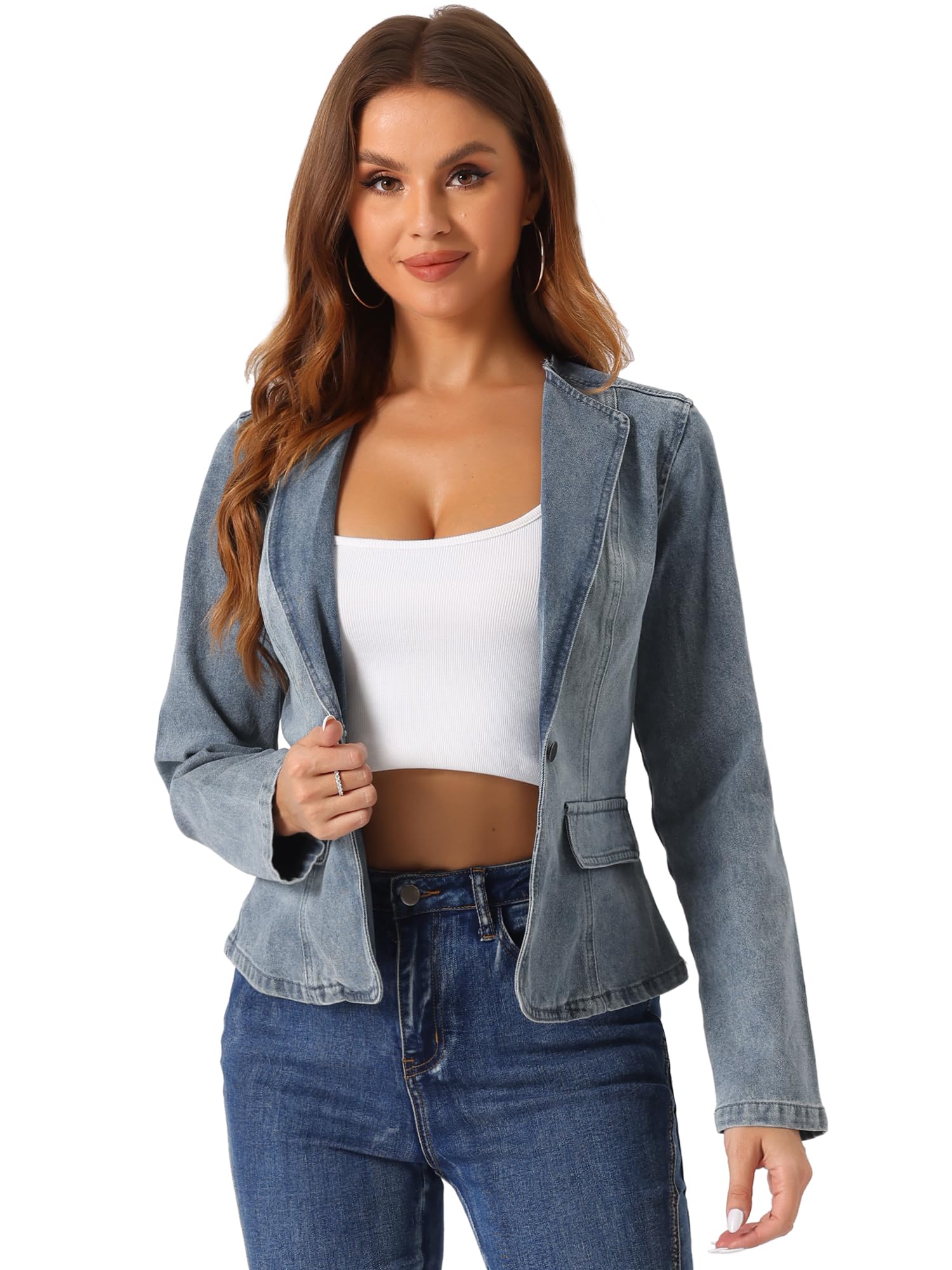 Allegra K Giacca in Jeans Elasticizzata da Donna con Colletto a Revers un Bottone Manica Lunga Casual Leggera da Lavoro