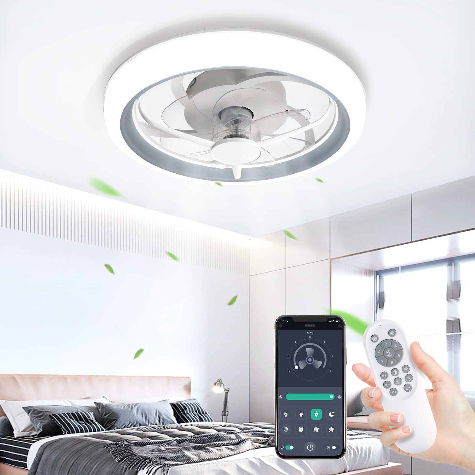 Ceiling Fans with Lights Remote and APP Control, 18.89" 6 Speed 3 Colors Low Profile Dimmable Modern 3000-6000K Flush Mount Ceiling Fan for Bedroom living room