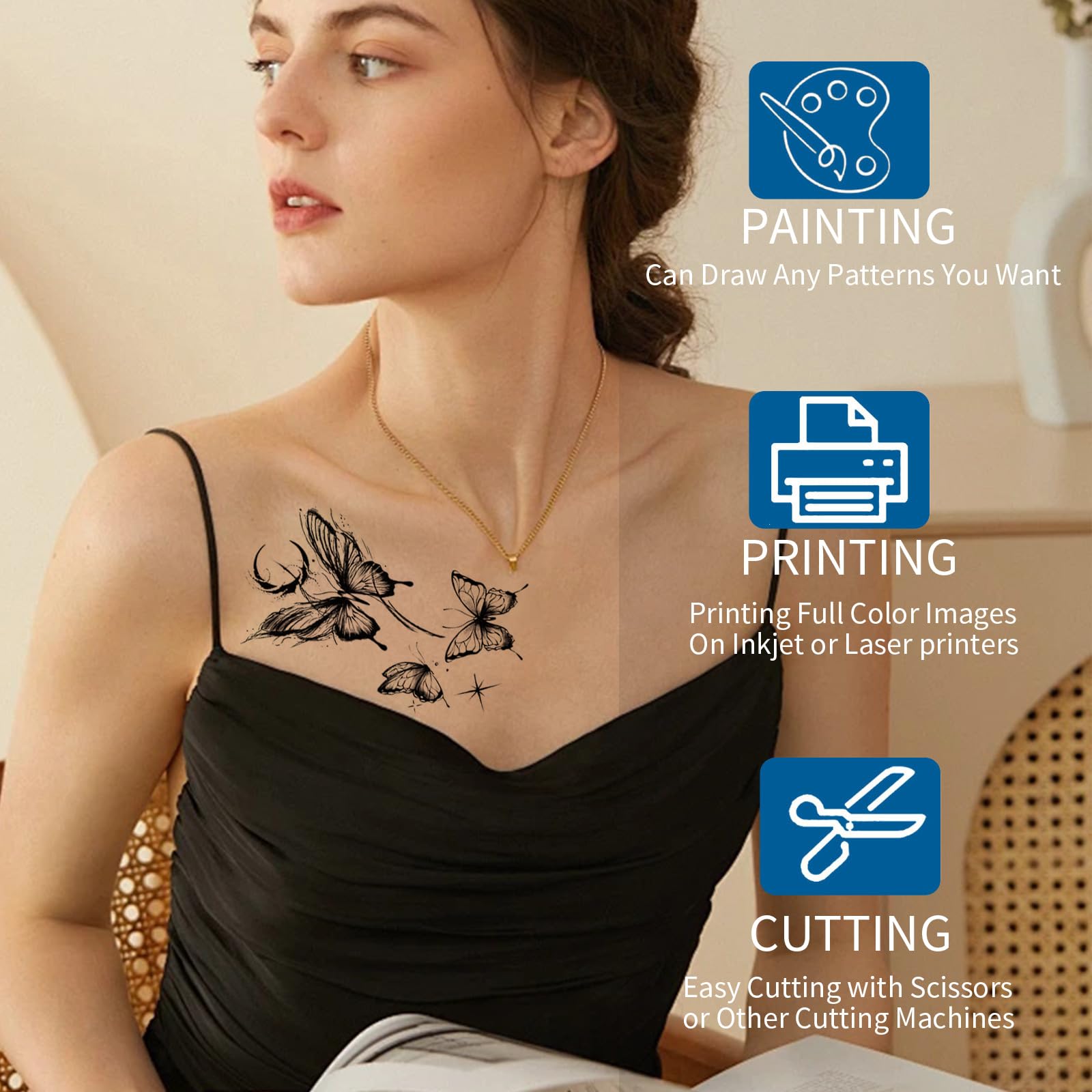 Papel de Tatuaje Temporal, Tatuajes Temporales Transparente A4X20 Hojas Papel para Transferir Tatuajes Imprimible, DIY Tatuaje Papel para Impresora de Inyección de Tinta y Láser