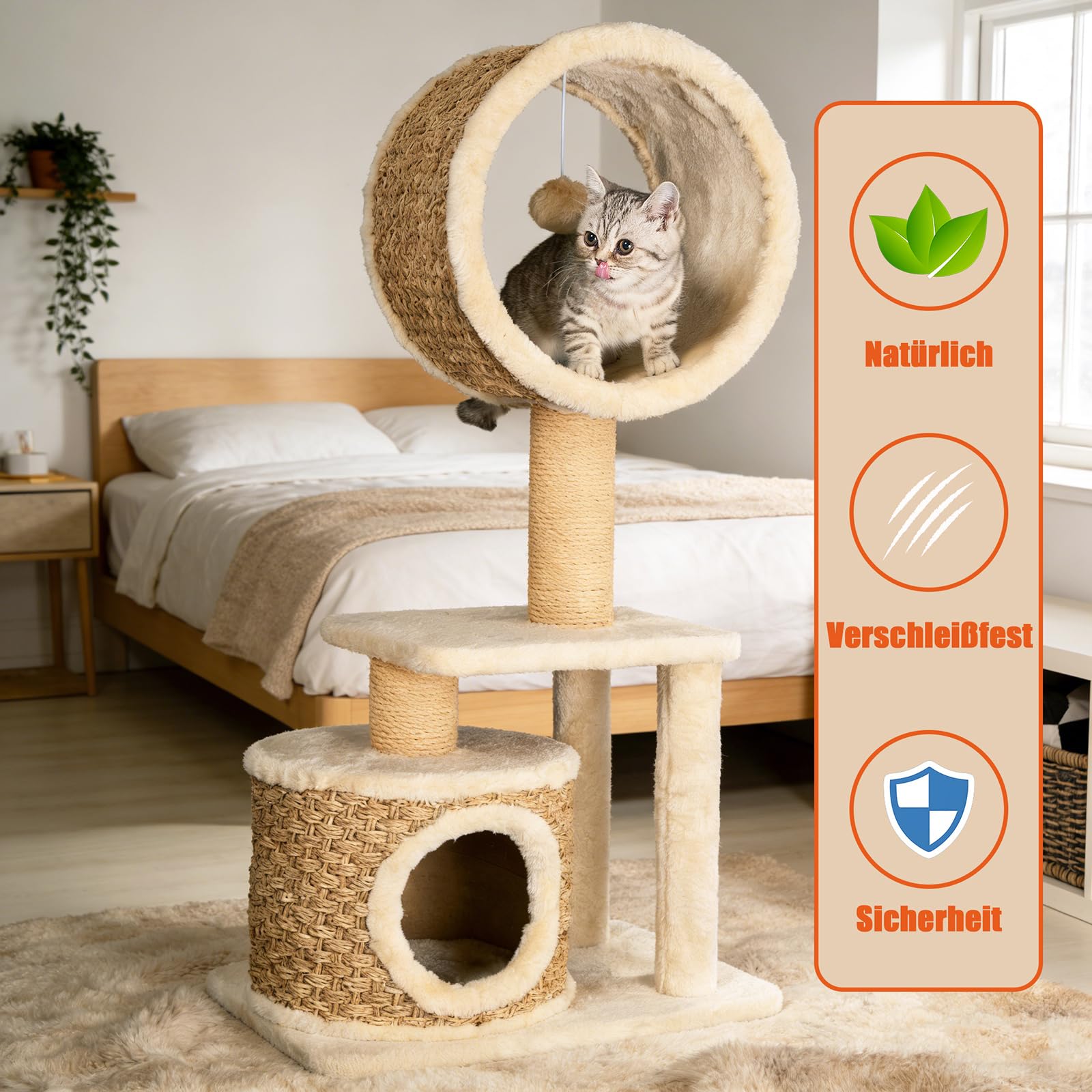Kratzbaum Modern mit Sisal Kratzsäulen & Handgestrickter Höhle – Stabiler Katzenbaum aus Natürlichem Seegras – Umweltfreundliches Kletterbaum Katzenzubehör für Wohnungskatzen 95 cm