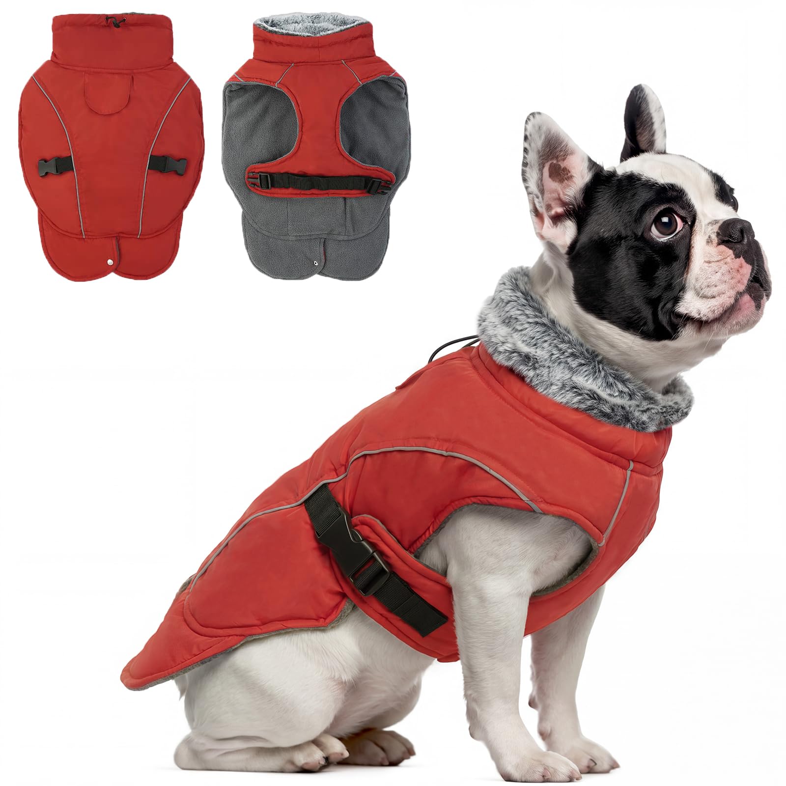 DENTRUN Abrigos para perros para clima frío, abrigo cálido para perro, resistente al viento, chaqueta acogedora para perro, chaleco de forro polar grueso, ropa repelente al agua con arnés y agujero