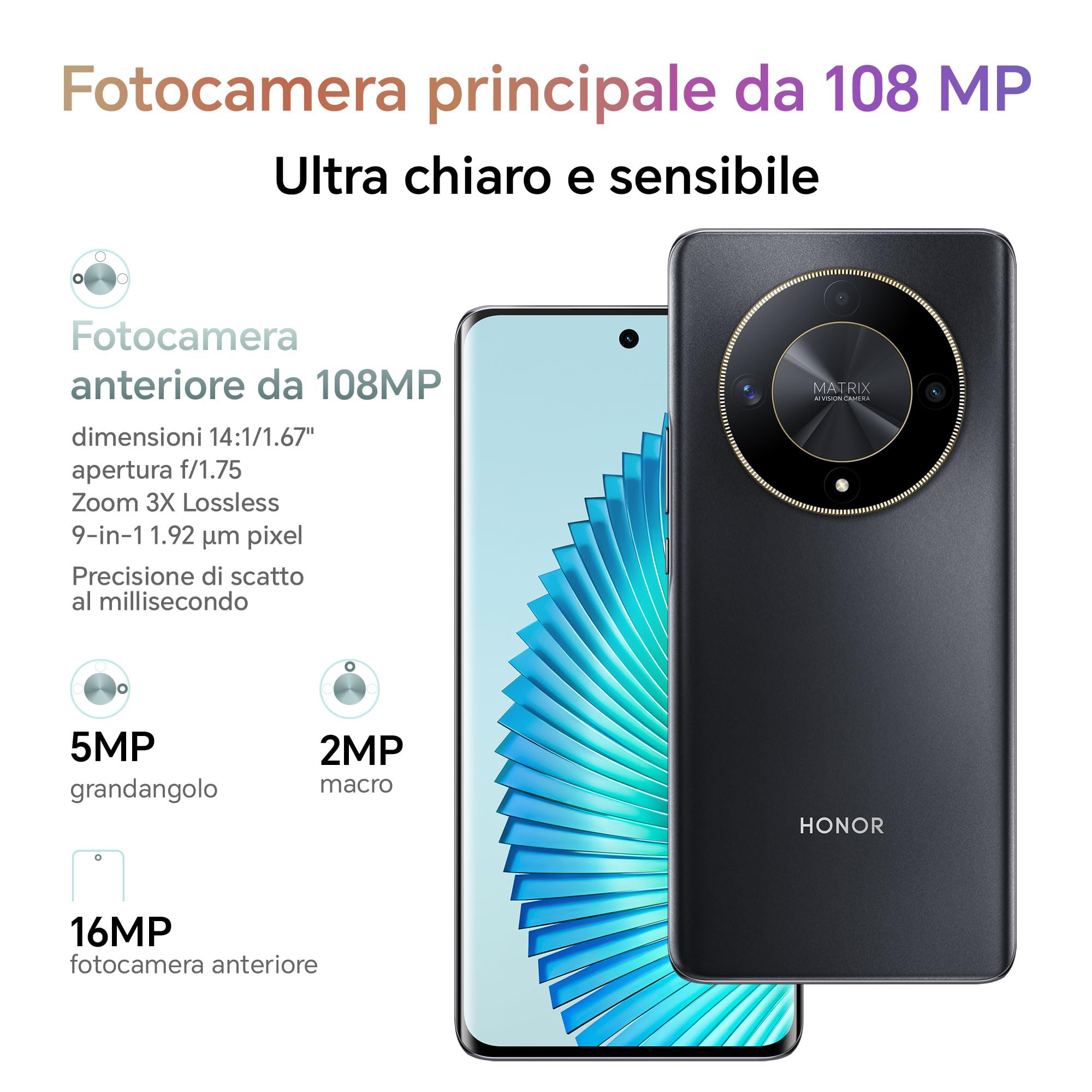 HONOR Magic6 Lite Smartphone 5G Android 13 Dual SIM NFC, 8GB RAM 512GB, AMOLED da 6.78 pollici anti-rottura da rimbalzo con Snapdragon 6 Gen 1,108MP,5300 mAh, Midnight Black [Versione italiana]