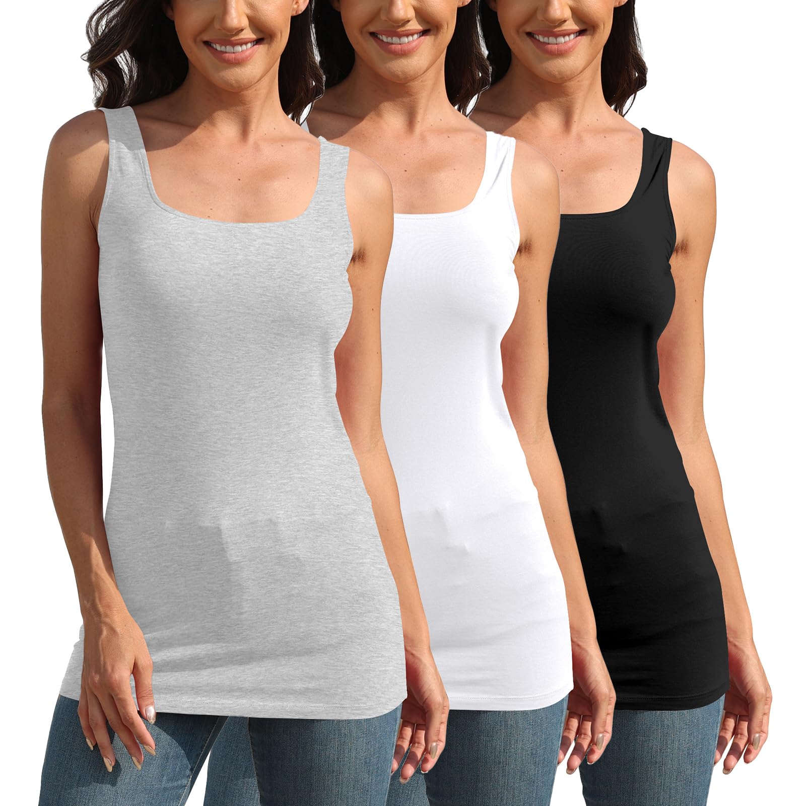 TAIPOVE Square Neck Long Tank Tops for Women Basic Sleeveless Layering Tunic Shirt Ladies Cotton Camis Undershirts 3-Pack