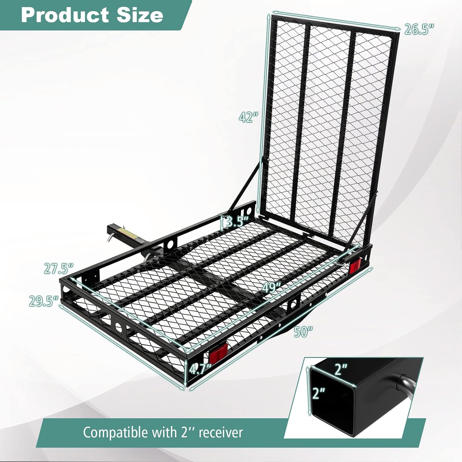 SAFSTAR Hitch Mount Cargo Carrier, 500 LBS Heavy-Duty Hitch Cargo Trailer W/Mobility Ramp, 2 Tie-Down Straps & Side Rails, Anti-Rattle Stabilizer, 48” x 27” Folding Cargo Carrier Basket, Black