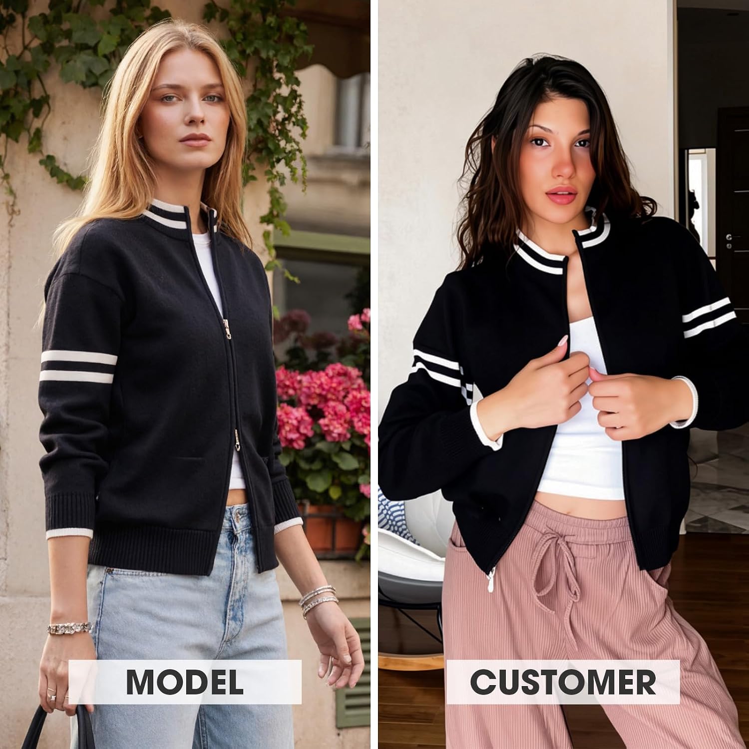 EXLURA Women Long Sleeve Zip Up Cardigan Sweaters Fall Casual Bomber Jacket