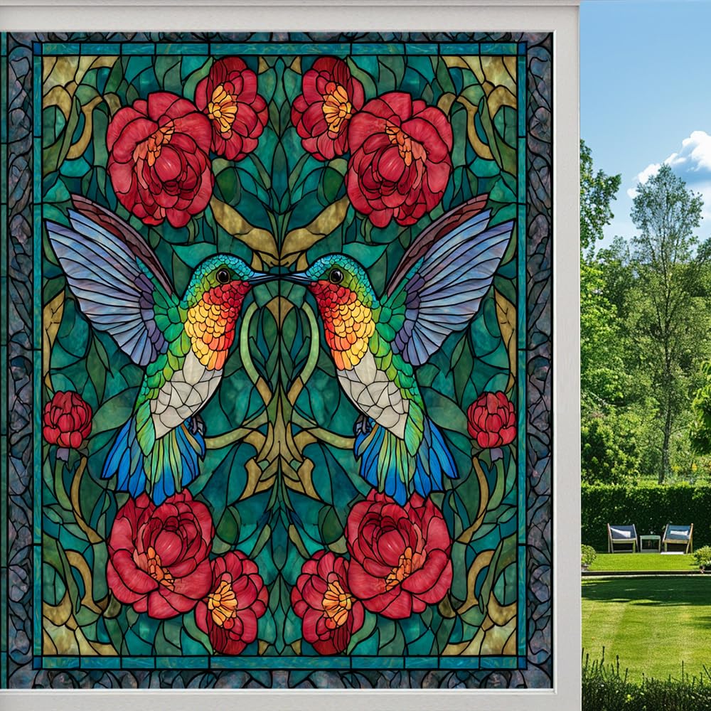 Boho Style Hummingbird Stained Glass Window Film, Red Camellias Bird Peel and Stick Privacy Film, Frosted Adhesive Vinyl Decorative for Bathroom Windows Glass Doors, （50x80cm）