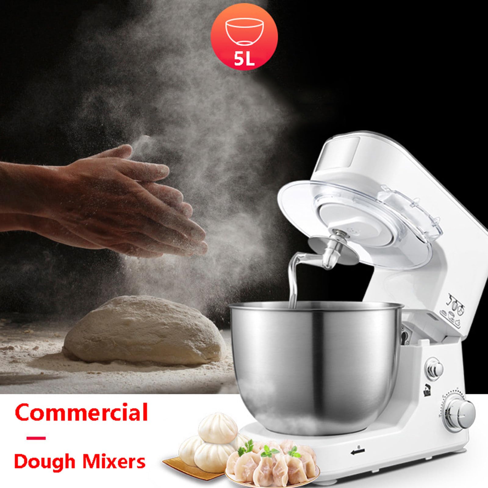 Impastatrice Elettrica da 600W / Impastatrice per Farina con Regolazione A 3 velocità/Robot da Cucina, capacità 5 L, Impastatrice per Farina Professionale per Uso Commerciale,Black