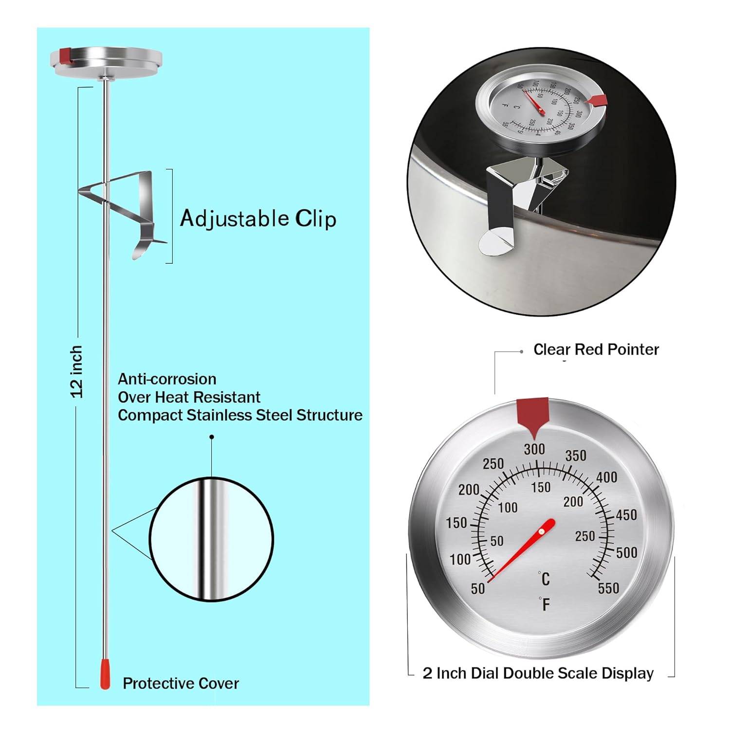 Review Deep Fry Thermometer with Clip Stainless Steel 12 Inch Long Stem