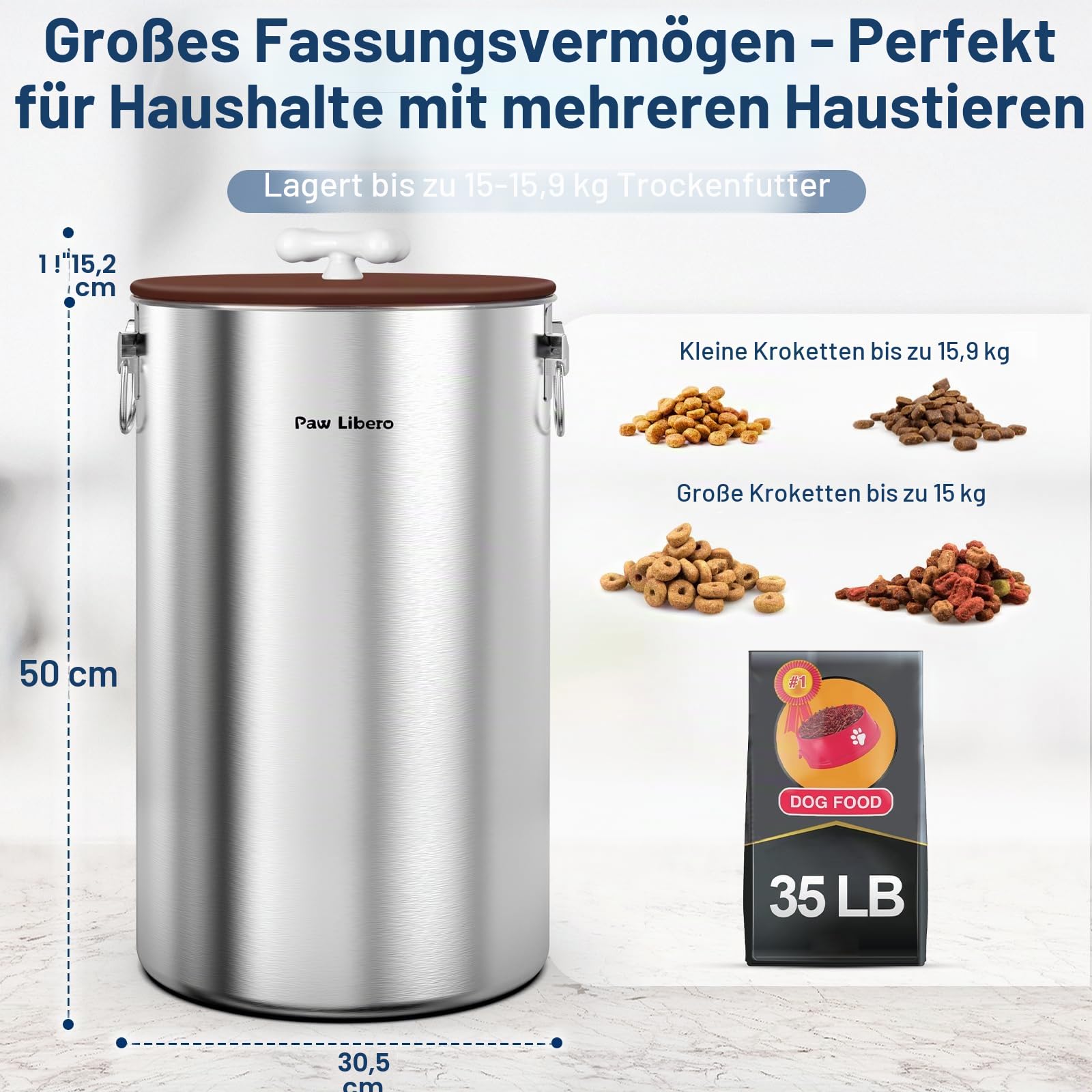 Edelstahl-Aufbewahrungsbehälter für Hundefutter, 35 lb, luftdichtem Deckel
