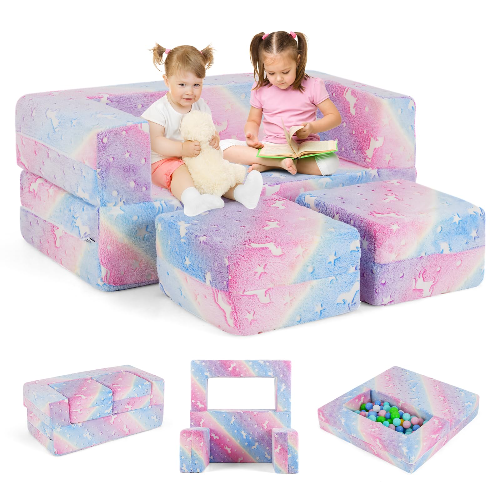 Costzon Kids Couch Set Convertible, 2 Seat Toddler Chair Glow in The Dark, Fold Out Children Sofa Couch, Bedroom Playroom Furniture for Toddlers, Comfy Foam and Floor Cushion Gift for Boys Girls 3+