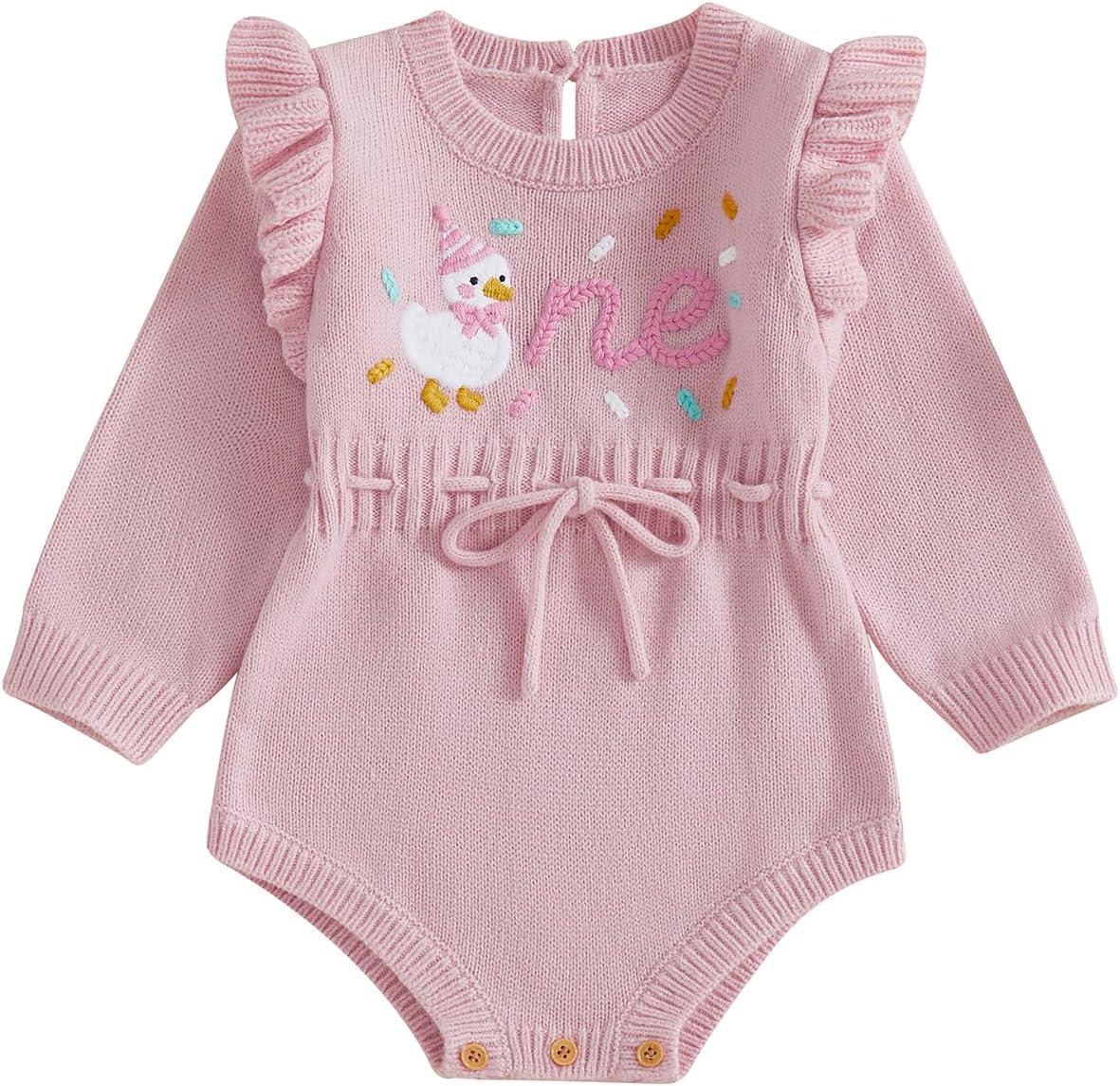 First Birthday Outfit Girl Floral One Embroidered Drawstring Crochet Knit Romper Baby girl 1st Birthday Clothes