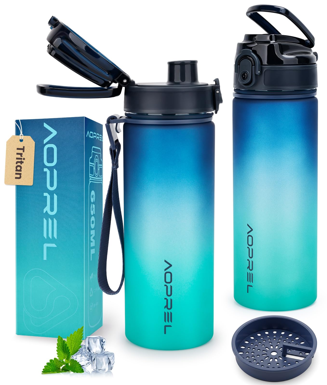 Aoprel Blue-Green Leakproof Water Bottle 1L/650Ml With Time Marker, Bpa-Free Tritan
