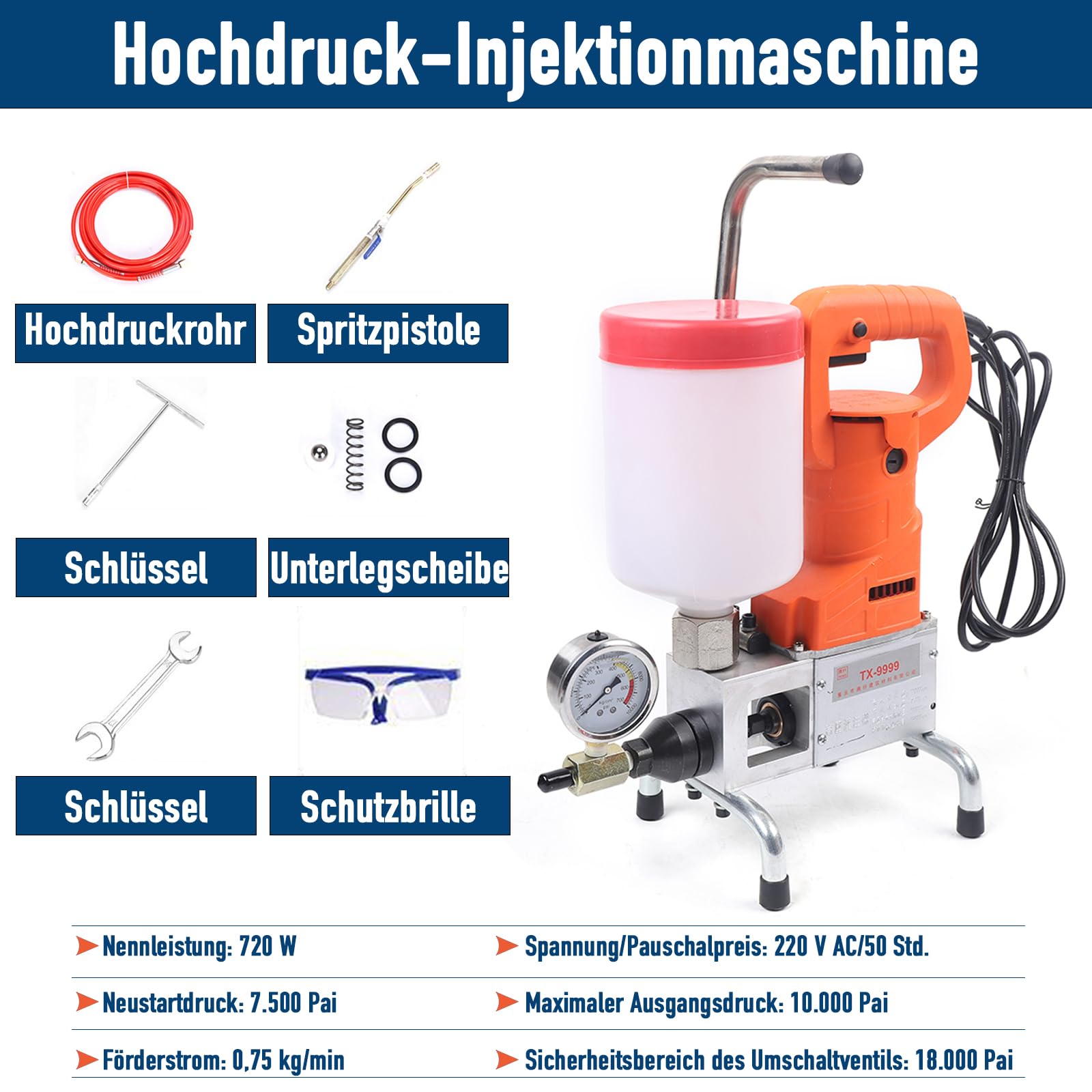 Máquina de moldeo de alta presión, 720 W, 220 V, pistola de moldeo eléctrica, bomba de inyección, máquina eléctrica para reparación de hormigón, resistencia al agua, reparación de grietas