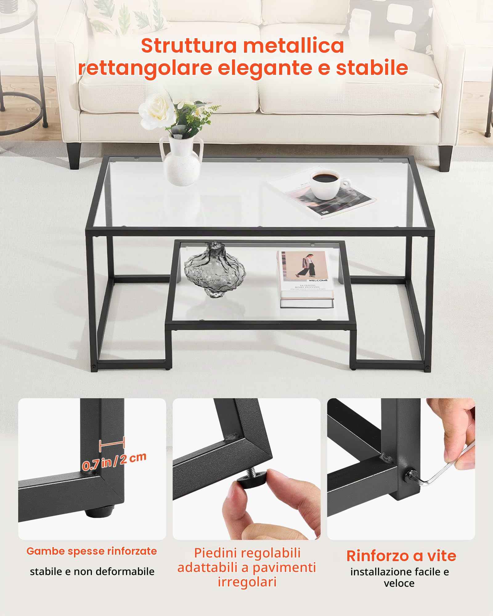 VEVOR Tavolino da Caffè da 100 x 51 x 46 cm in Vetro e Metallo Temperato con Due Livelli e Spazio di Archiviazione Aperto, Tavolino da Salotto Moderno con Struttura per Soggiorno Ufficio Nero