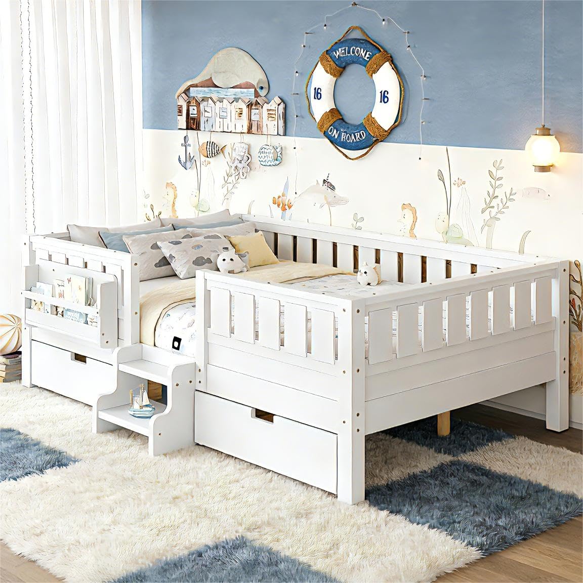 Bellemave Full Size Bed Frame with Storage Drawers & Bookshelf, Low Profile Kids Bed with Staircase & Full Length Guardrails, Solid Wood Full Size Bed