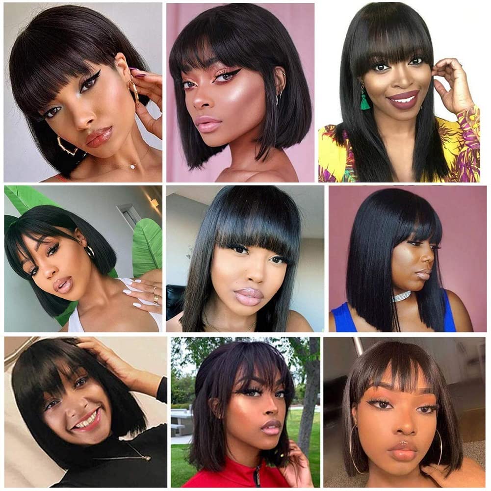 Parrucca Donna Capelli Veri Umani 10 Pollici (25 cm) Parrucche Capelli Veri Con Frangia Brasiliani Parrucca Bob Corta Liscia Straight Human Hair Wigs Densità 180% Nero Naturale