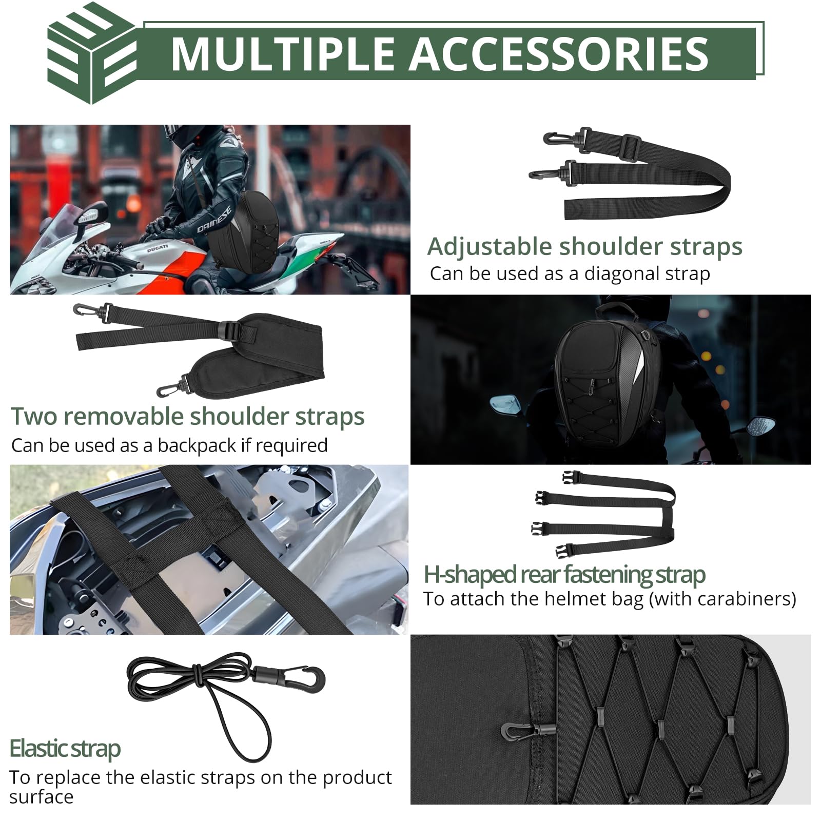 EYPINS Hecktasche Motorrad, Erweiterbar Wasserdicht Motorradtasche mit Reflexstreifen, Regenschutz, verstellbare Gurte Motorrad-Rucksack, Integralhelm-Organisator, Schwarz