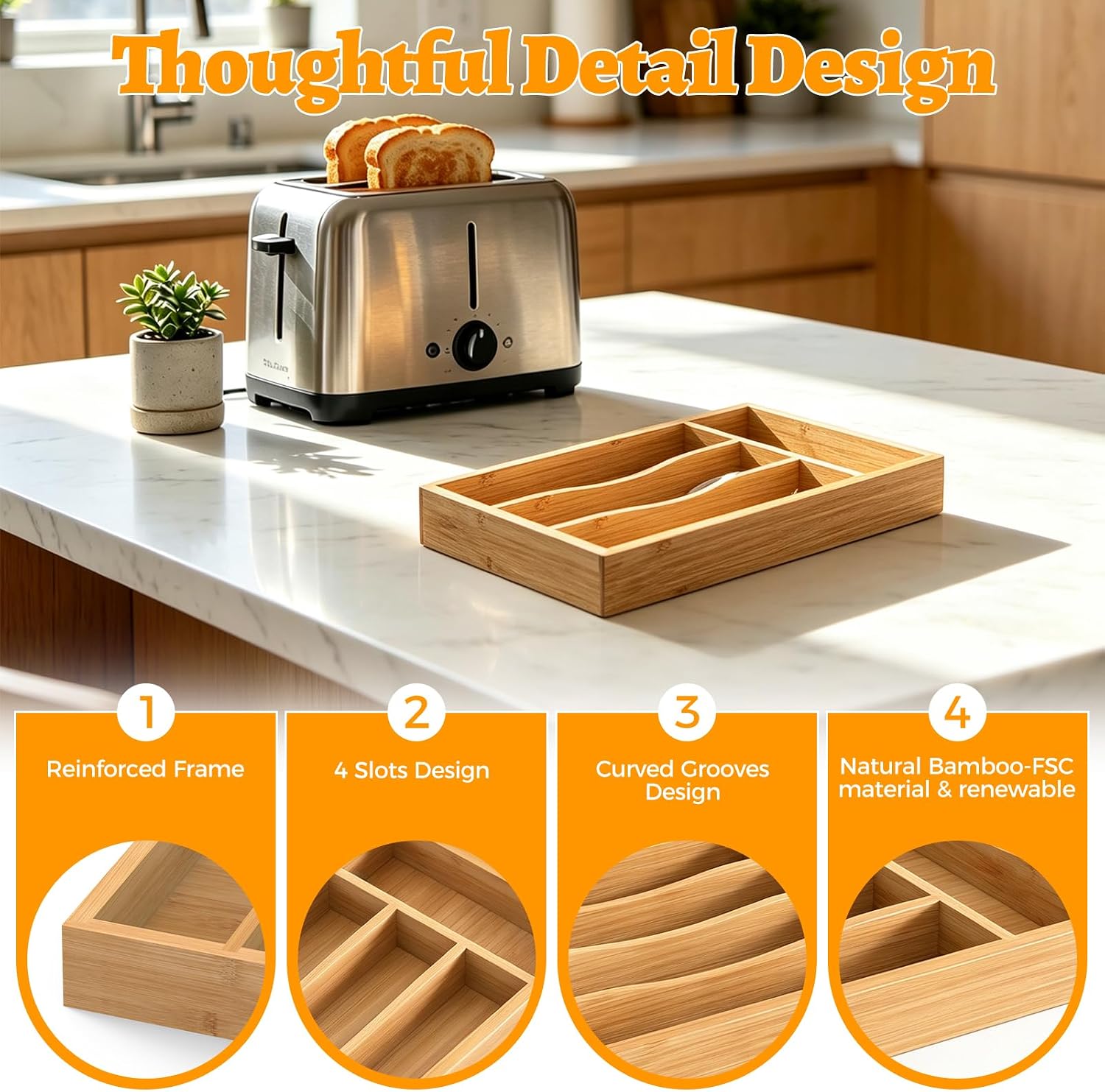 Small Silverware Drawer Organizer, 4 Slots Kitchen Drawer Tray