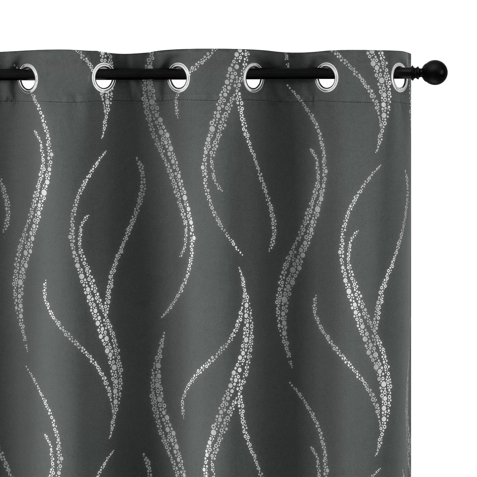 Yakamok Blackout Curtains 90 inch Length Living Room Thermal Insulated Silver Wave Line Dots Pattern Darkening Grommet for Bedroom, Dark Grey, W52 x L90-inch, 2 Panels Dark Grey/Silver Print — image 1