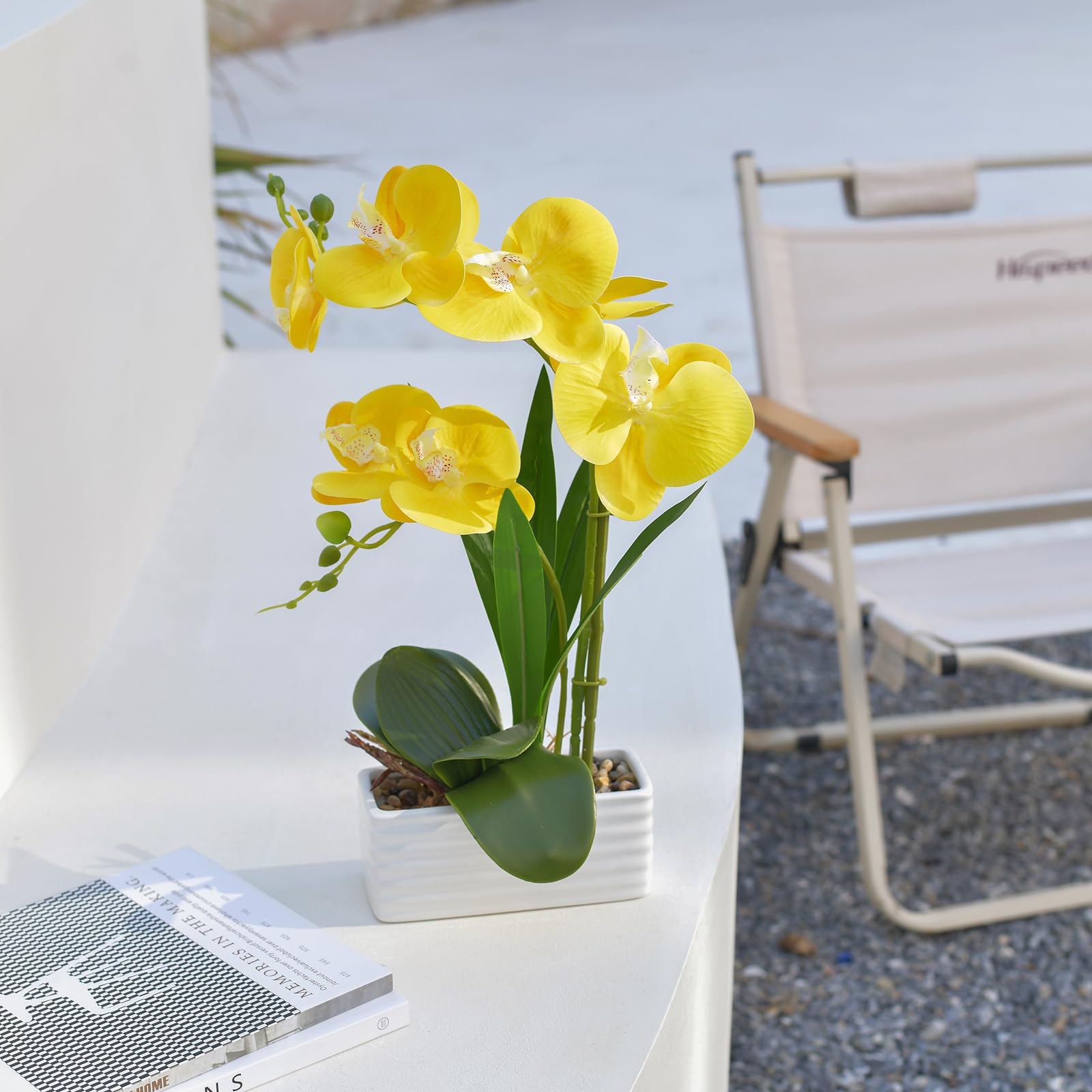 Orquídea artificial de tacto real en maceta, flor falaenopsis falsa con jarrón de cerámica blanca, arreglo de orquídeas sintéticas para el hogar, mesa, oficina, boda, decoración de fiesta