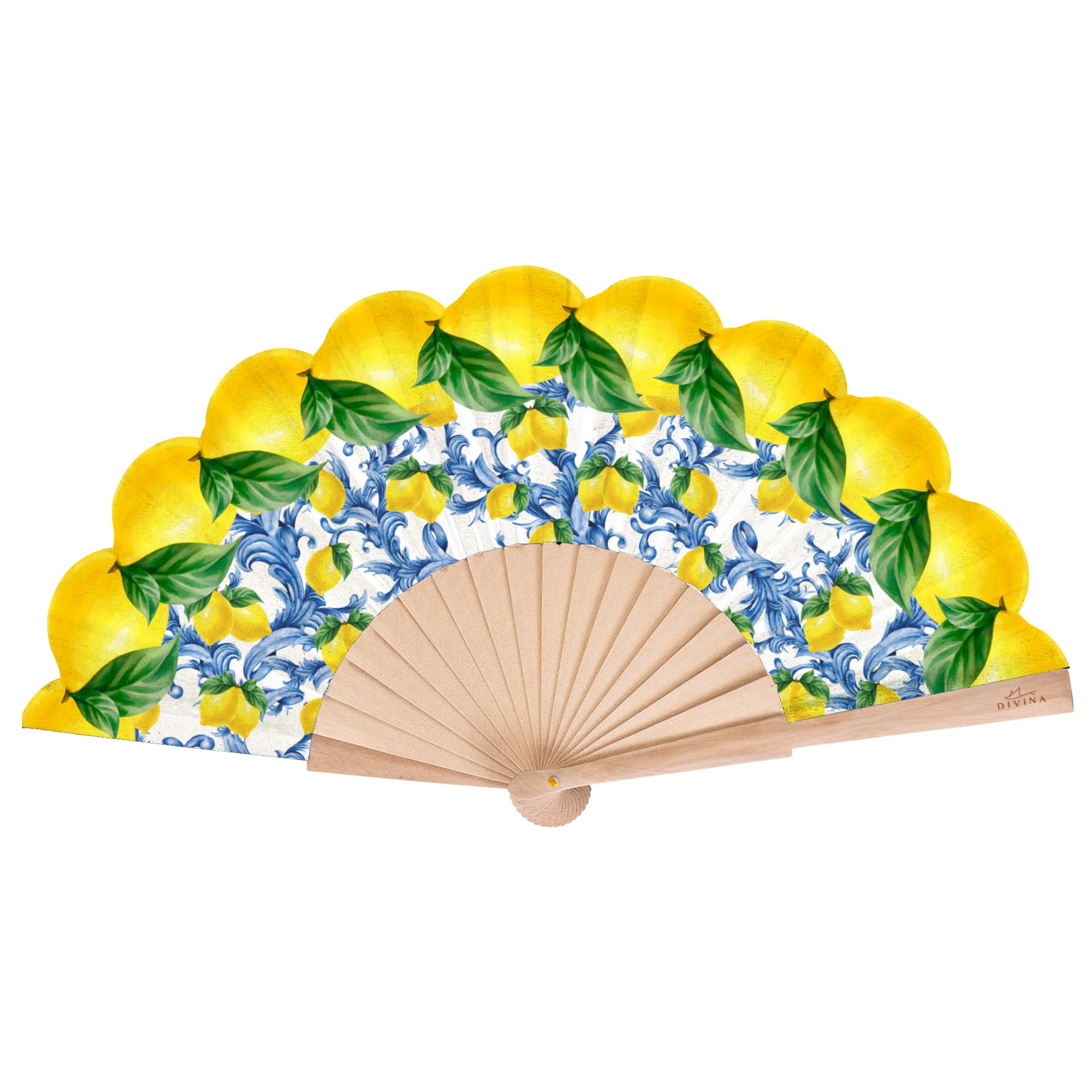 DIVINA Ventaglio, Stecche Effetto Legno, Motivi Maiolicati e Limoni Decorativi, Blu, Bianco e Multicolor, Ispirazione Costiera Amalfitana - VAR119 (10V5)