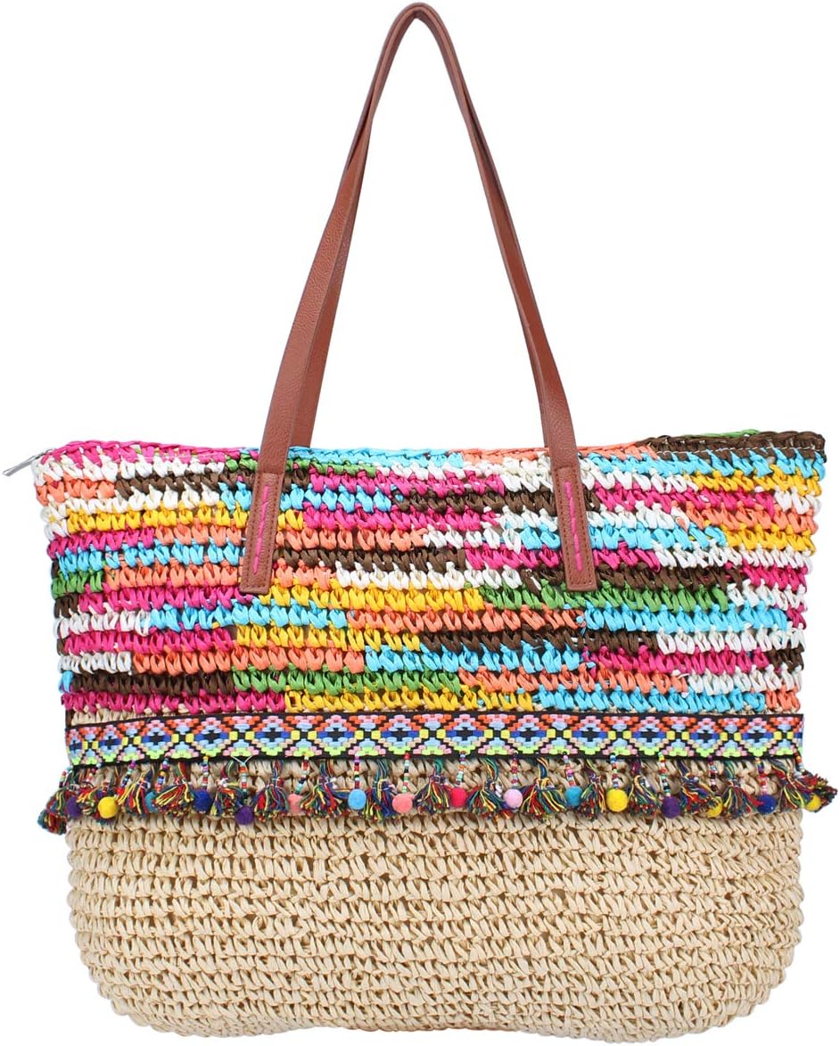 Sornean Large Knitted Straw Bag 100% Handmade Summer Beach Tote Bag Top Zipper Shoulder Bag (Off White)