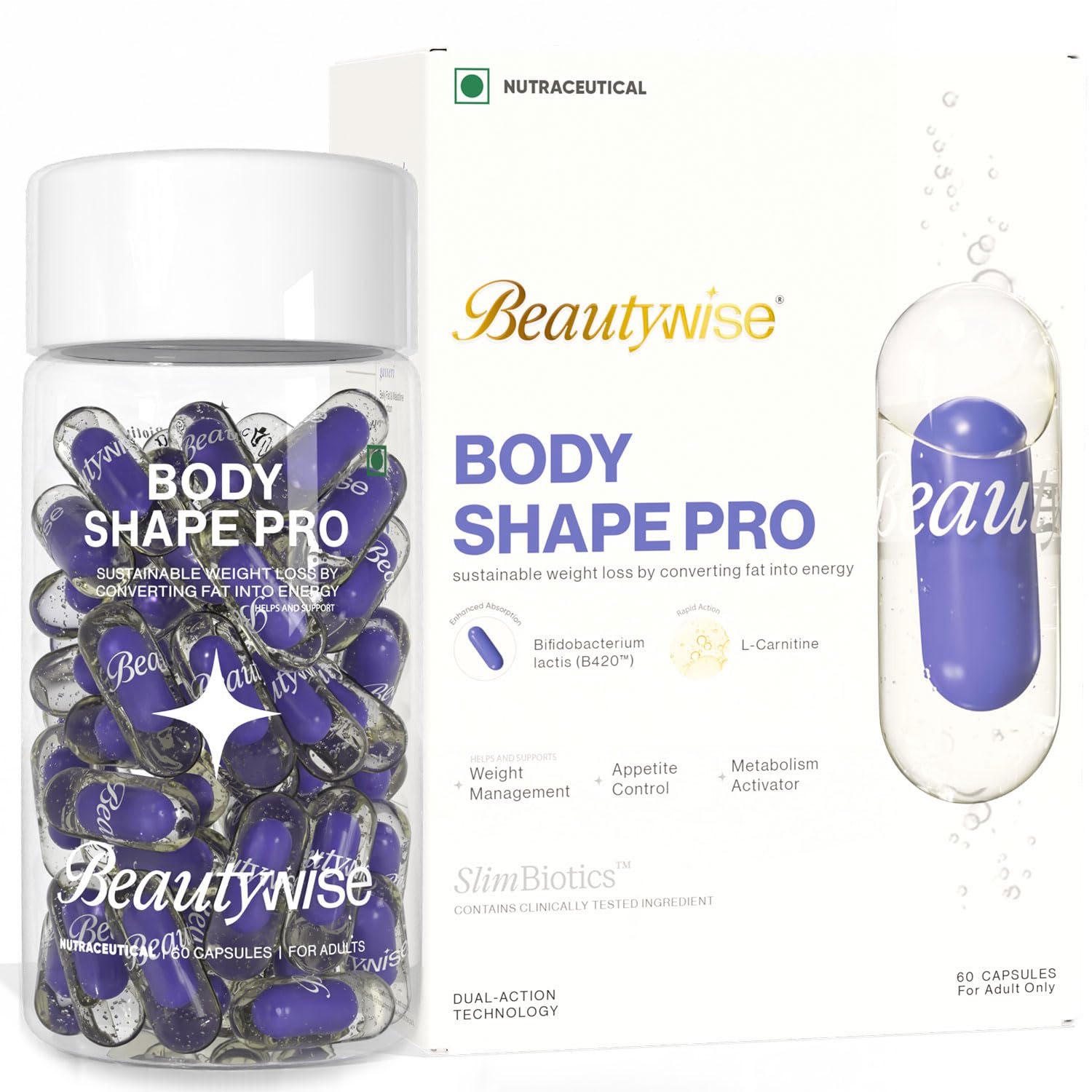 Beautywise Dual Action Body Shape | Weight Management | Helps Convert Fat into Energy Supplement for Men & Women (60 Capsules)
