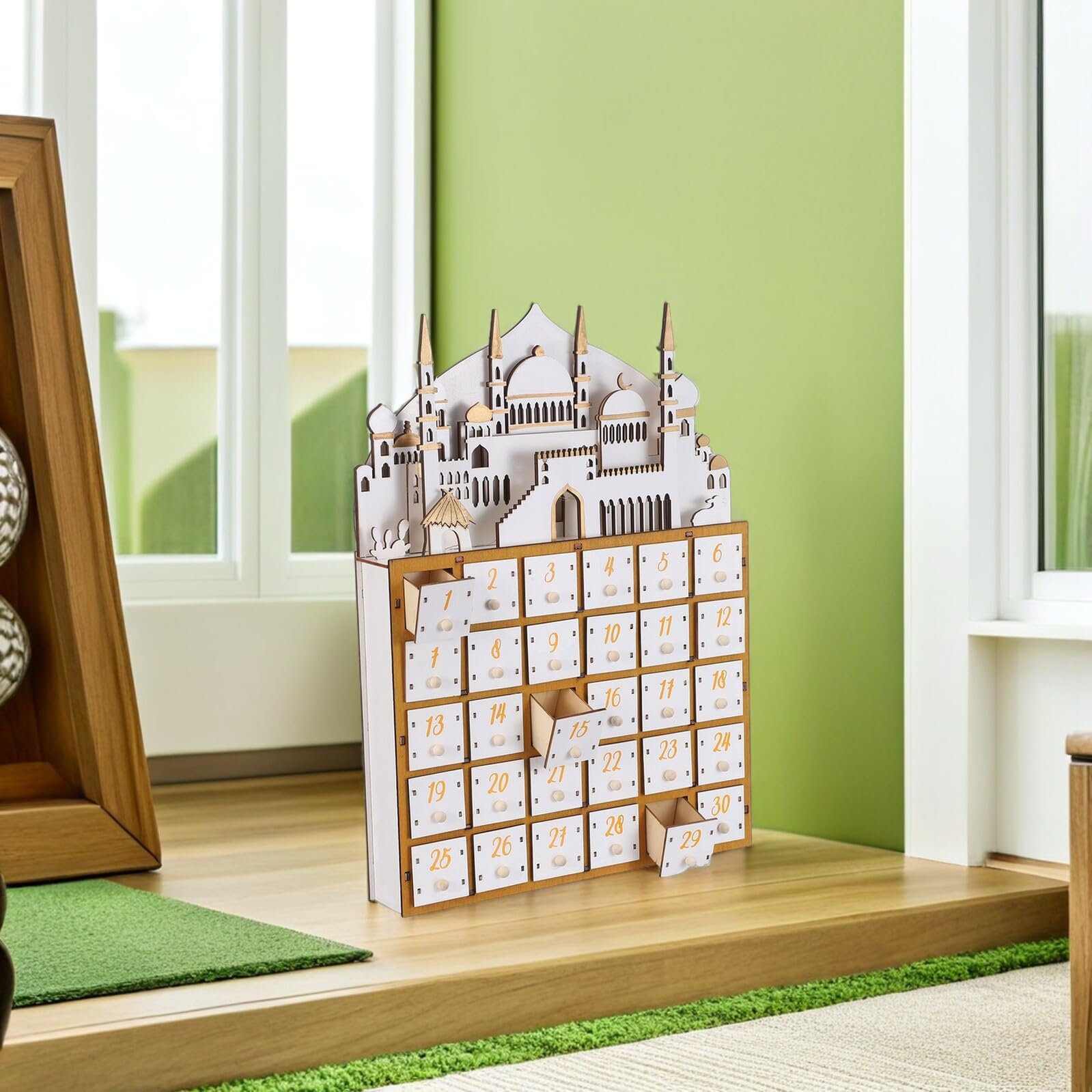 Amosfun Ramadan Adventskalender Holz mit 30 LED Schubladen Countdown Tischdekoration für Muslimische Ramadan Feier