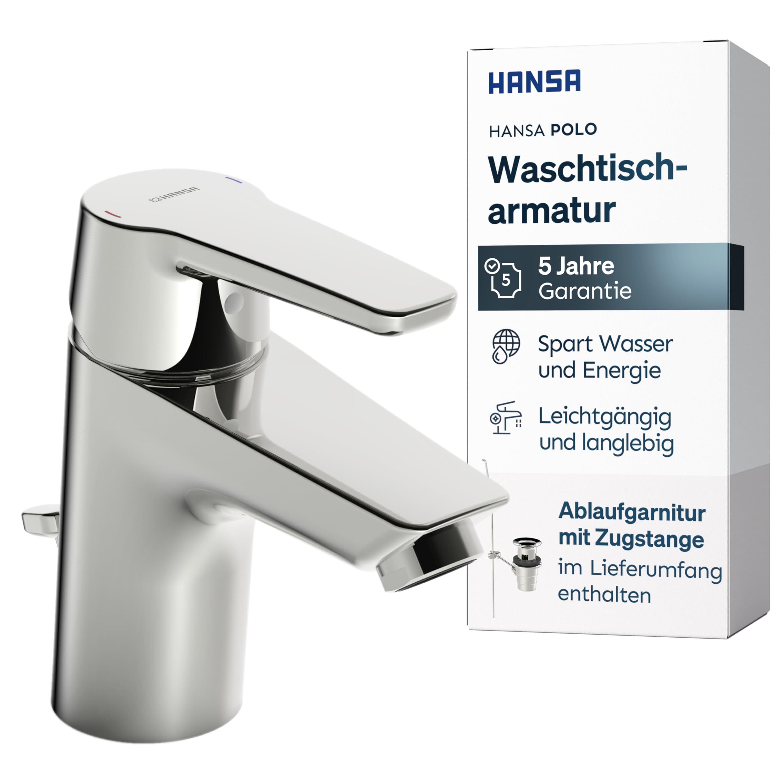 HANSA POLO Waschtischarmatur I Wasserhahn Badezimmer mit Temperatur & Wassermengenbegrenzer | Mischbatterie Bad aus Messing | Inkl. Ablaufgarnitur mit Zugstange | Einhebelmischer Waschbecken | Chrom