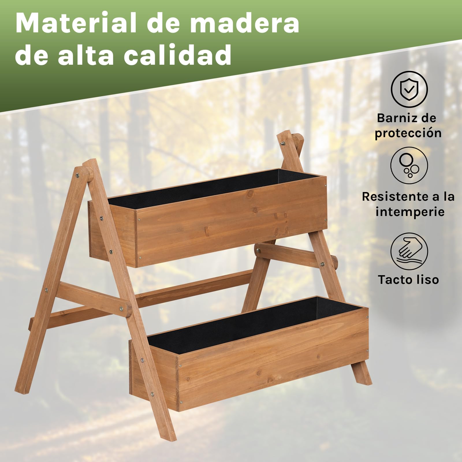 WOLTU Huerto Urbano Vertical de 2 Niveles, Jardineras Exteriores, Huerto Elevado con Estanterías para Verduras, Frutas y Flores, Maceta Madera de Plantas en Escalera, 80x62x68 cm, Marrón